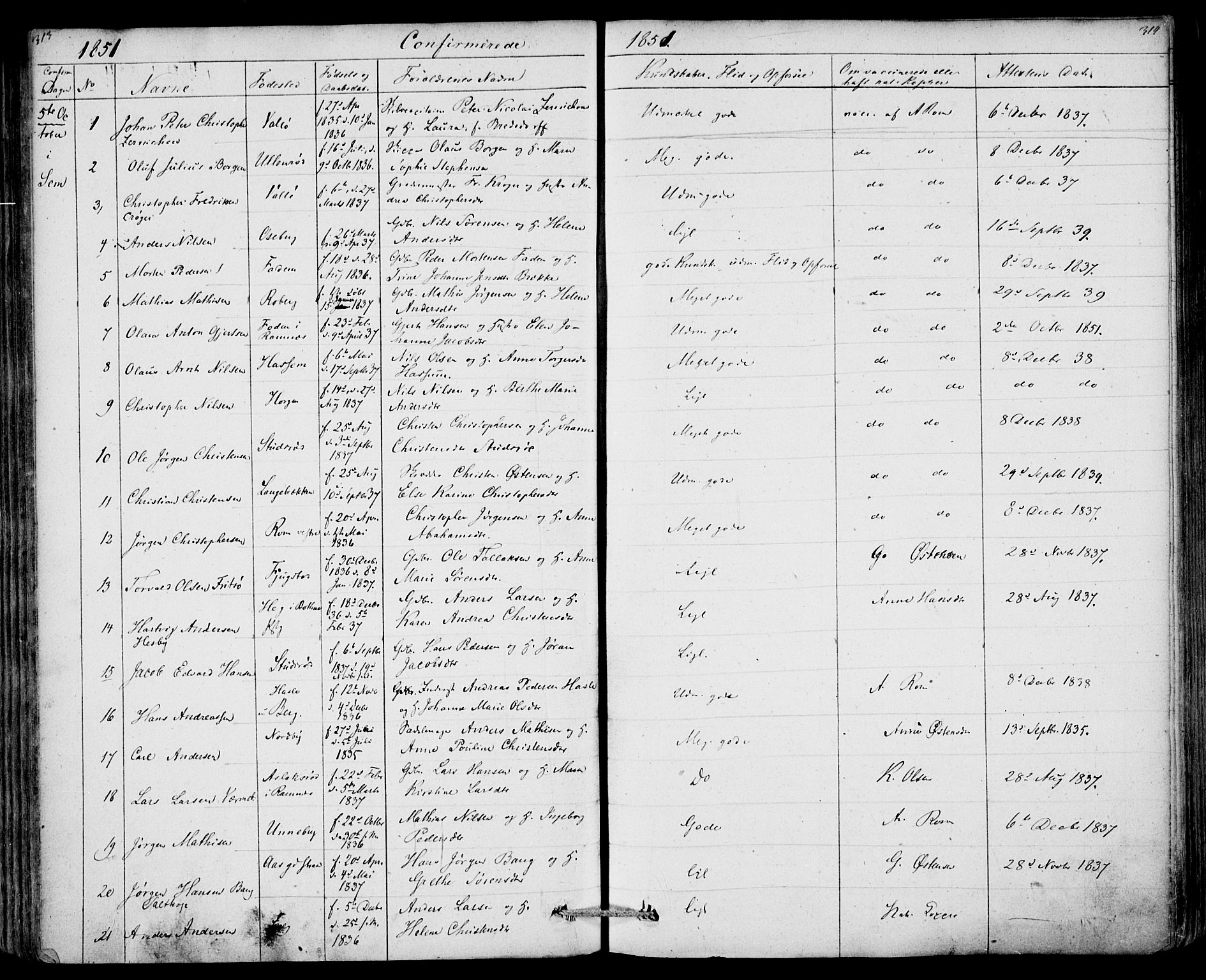 Sem kirkebøker, SAKO/A-5/F/Fa/L0006: Parish register (official) no. I 6, 1843-1855, p. 313-314