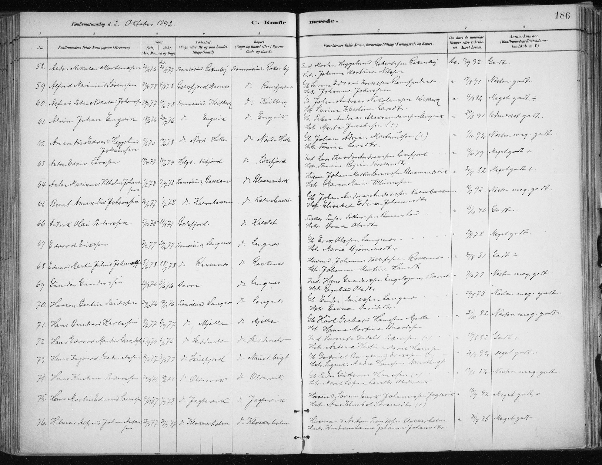 Tromsøysund sokneprestkontor, SATØ/S-1304/G/Ga/L0005kirke: Parish register (official) no. 5, 1888-1896, p. 186