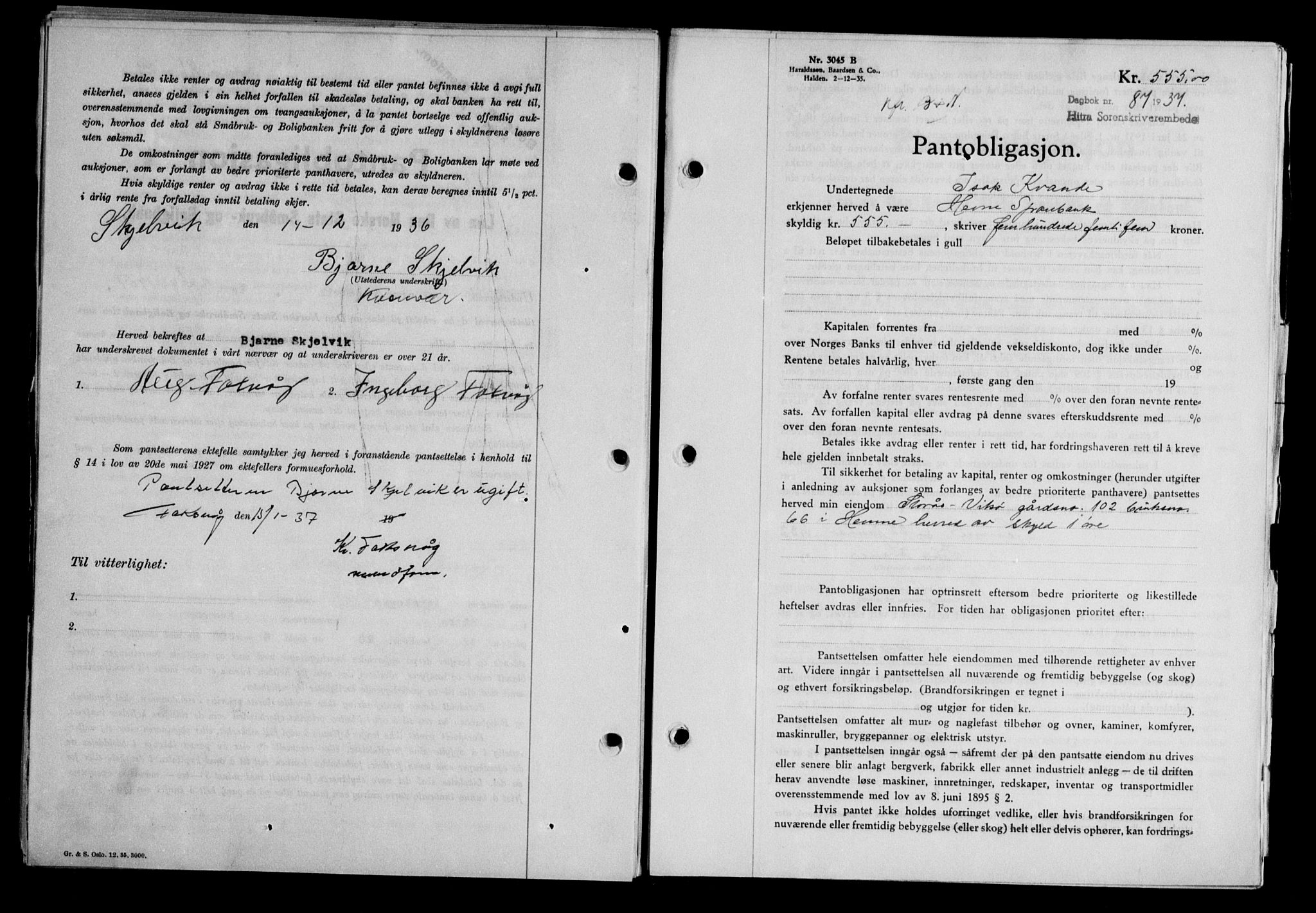 Hitra sorenskriveri, AV/SAT-A-0018/2/2C/2Ca/L0028: Mortgage book no. B-1, 1936-1939, Diary no: : 87/1937