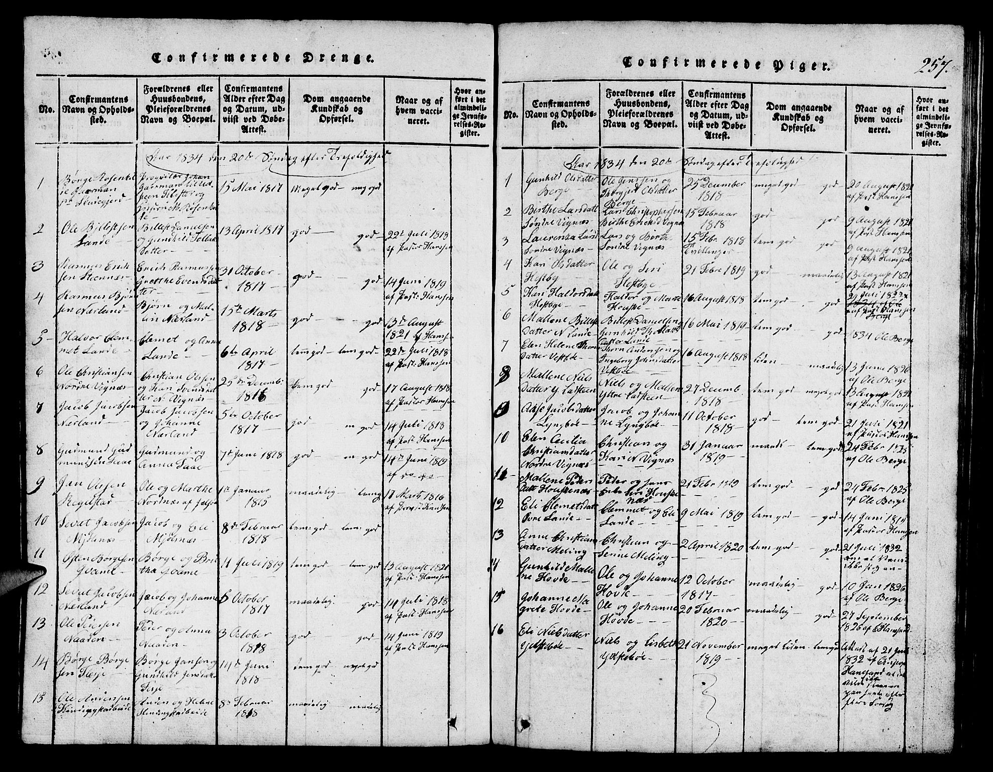 Finnøy sokneprestkontor, SAST/A-101825/H/Ha/Hab/L0001: Parish register (copy) no. B 1, 1816-1856, p. 257