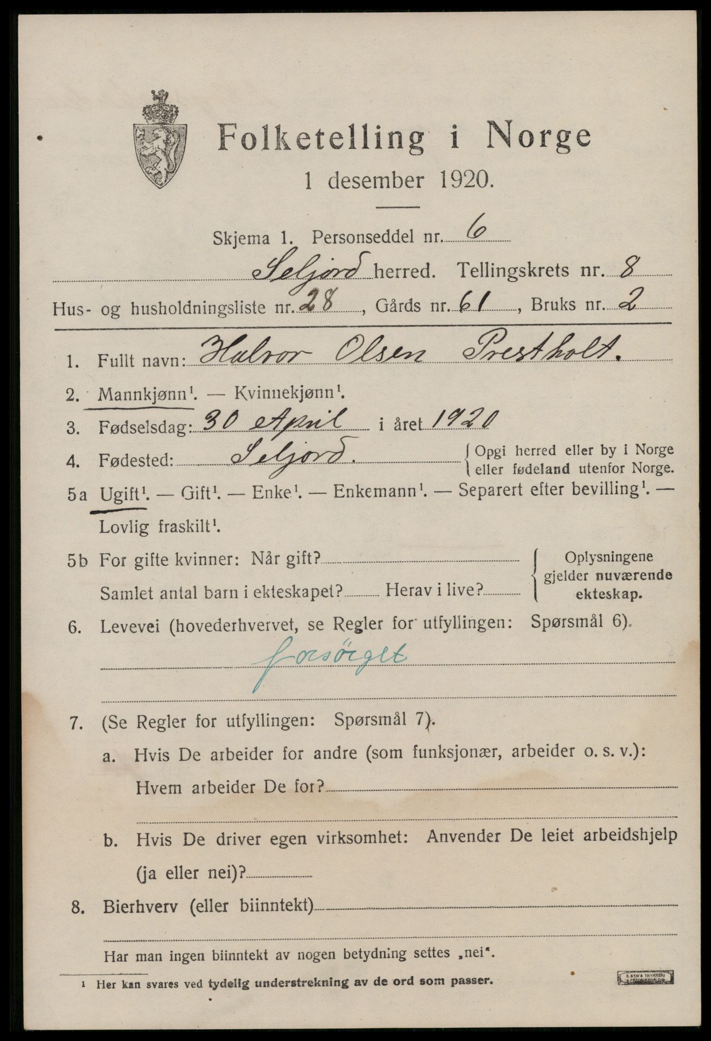 SAKO, 1920 census for Seljord, 1920, p. 4194