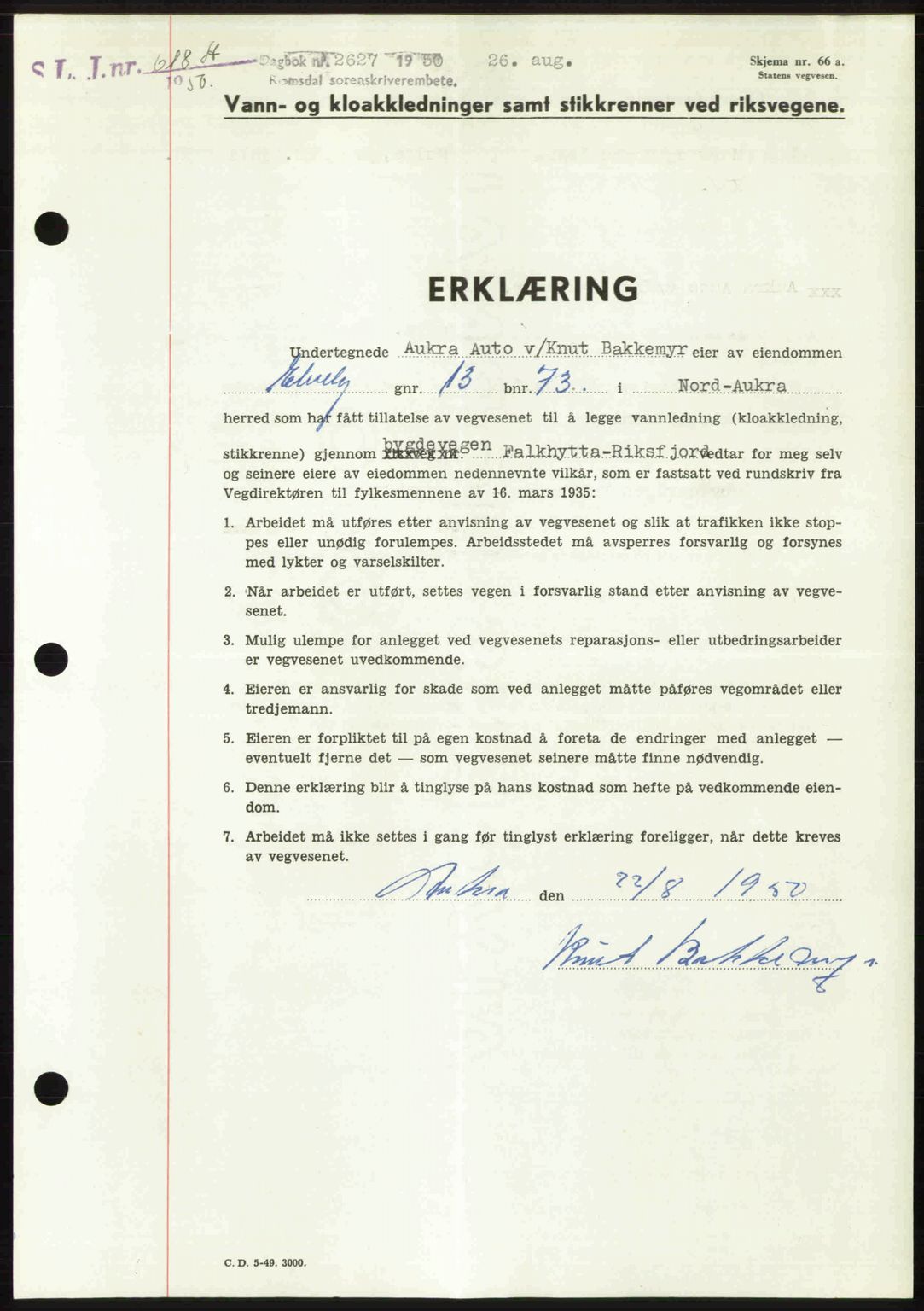 Romsdal sorenskriveri, SAT/A-4149/1/2/2C: Mortgage book no. A34, 1950-1950, Diary no: : 2627/1950