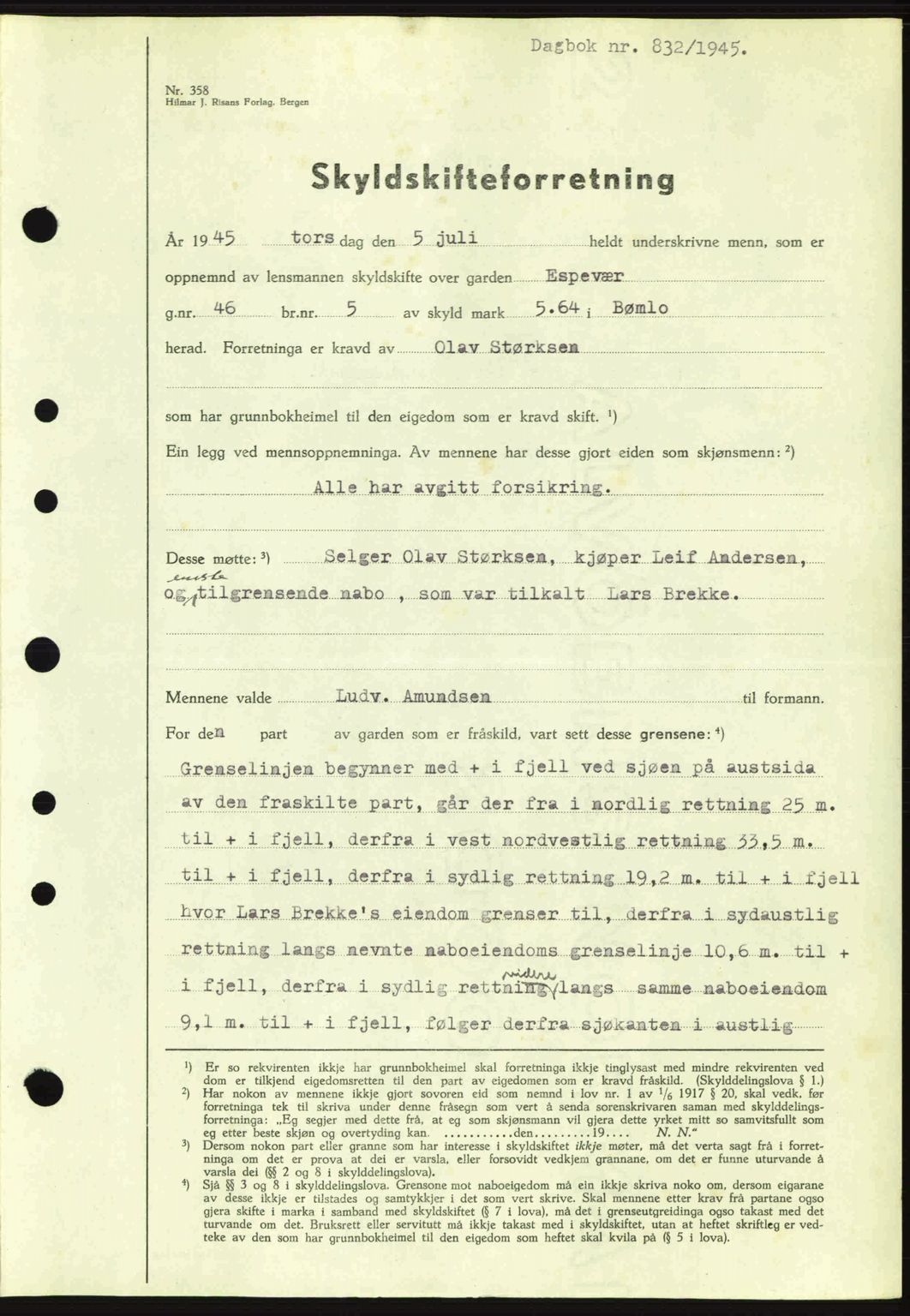 Sunnhordland sorenskrivar, AV/SAB-A-2401: Mortgage book no. A77, 1945-1945, Diary no: : 832/1945