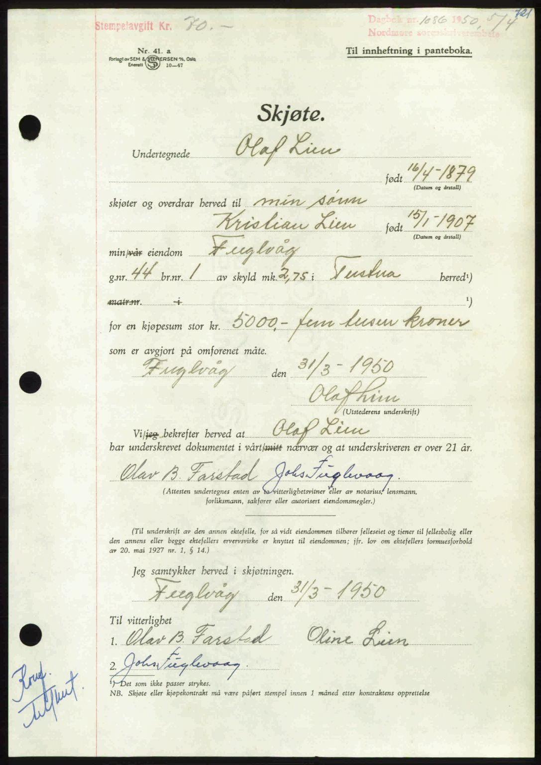 Nordmøre sorenskriveri, AV/SAT-A-4132/1/2/2Ca: Mortgage book no. A114, 1950-1950, Diary no: : 1086/1950