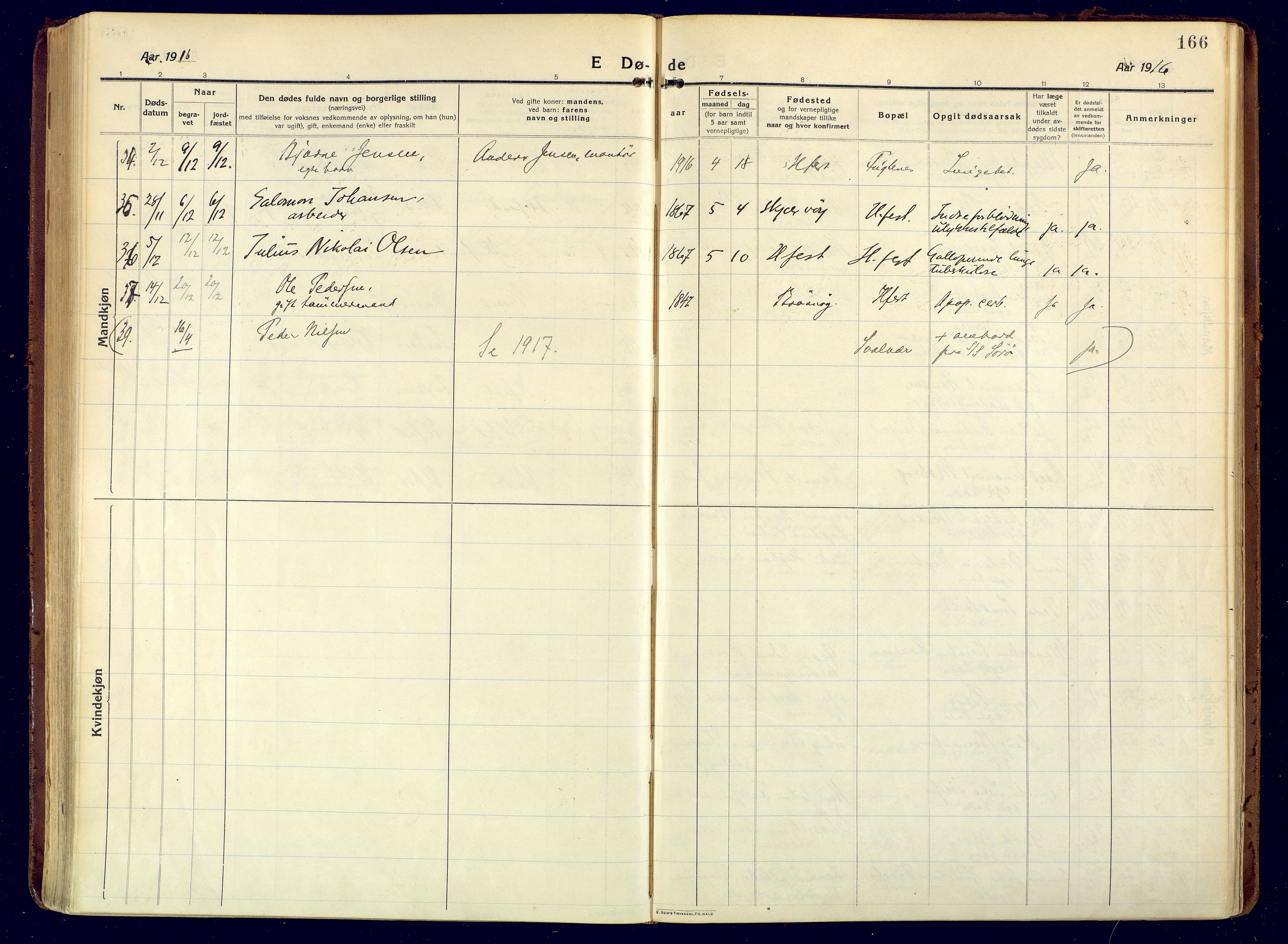 Hammerfest sokneprestkontor, AV/SATØ-S-1347/H/Ha/L0015.kirke: Parish register (official) no. 15, 1916-1923, p. 166