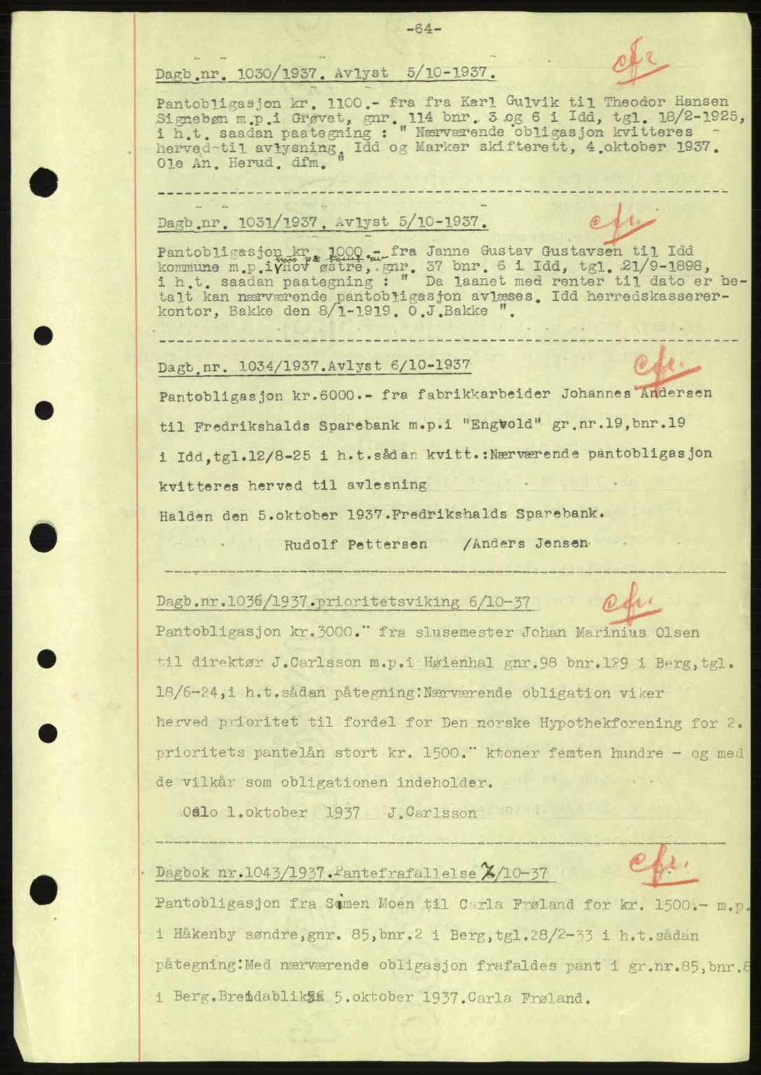 Idd og Marker sorenskriveri, AV/SAO-A-10283/G/Gb/Gbc/L0001: Mortgage book no. B1-3, 1936-1939, Diary no: : 1030/1937