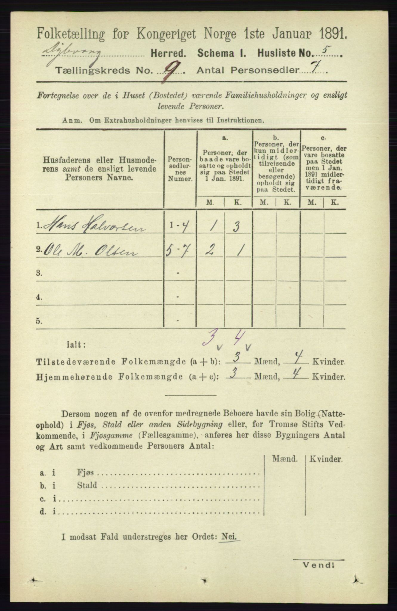 RA, 1891 census for 0915 Dypvåg, 1891, p. 3225