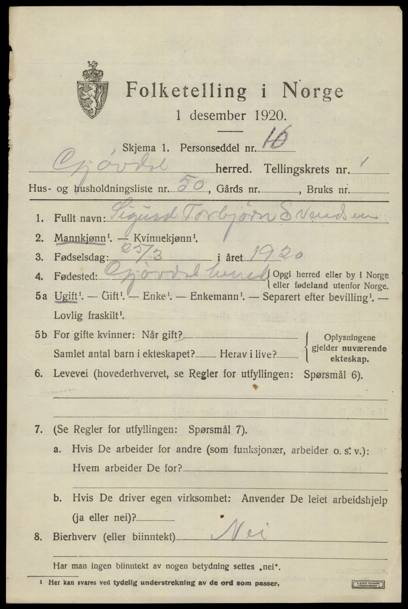 SAK, 1920 census for Gjøvdal, 1920, p. 828