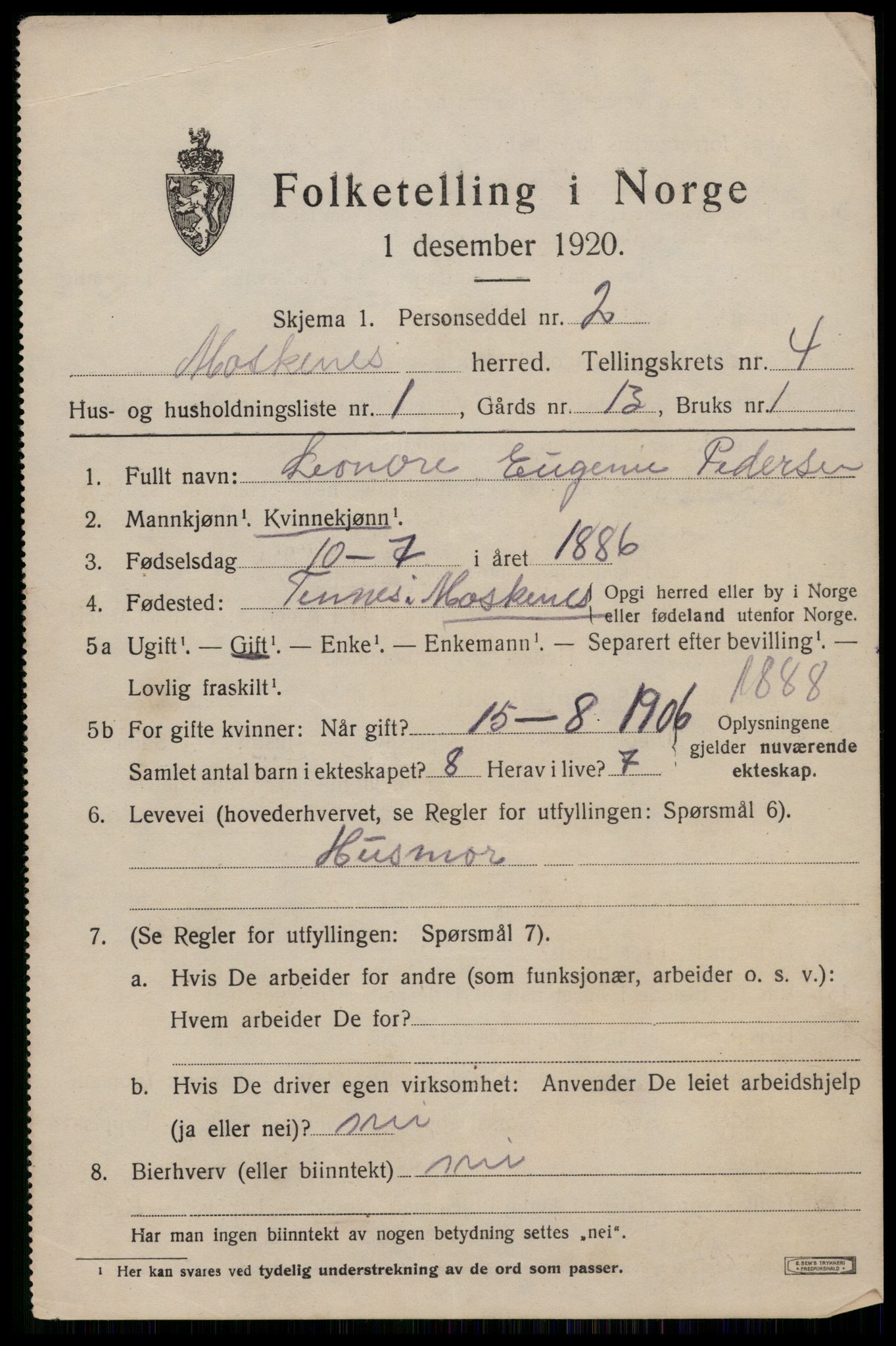 SAT, 1920 census for Moskenes, 1920, p. 2524