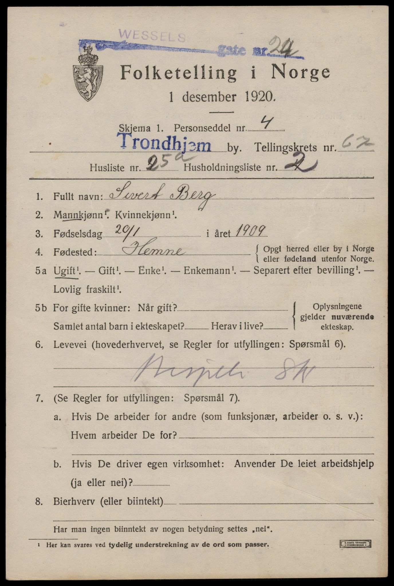 SAT, 1920 census for Trondheim, 1920, p. 133640