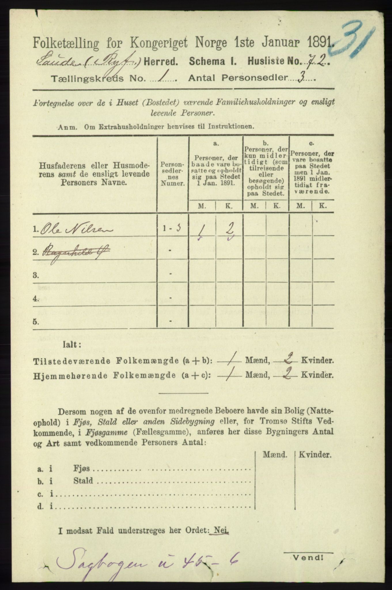 RA, 1891 census for 1135 Sauda, 1891, p. 91