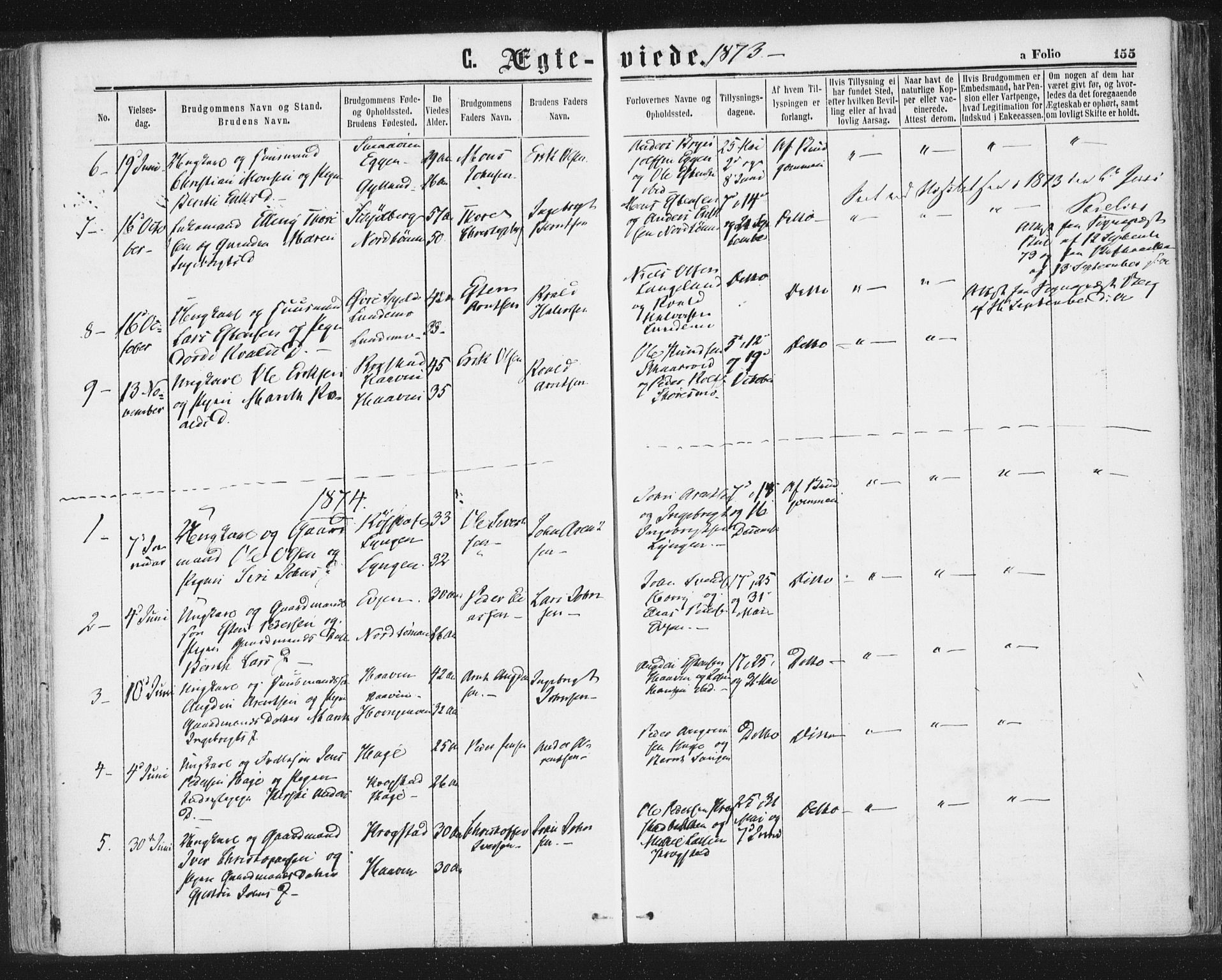 Ministerialprotokoller, klokkerbøker og fødselsregistre - Sør-Trøndelag, SAT/A-1456/692/L1104: Parish register (official) no. 692A04, 1862-1878, p. 155