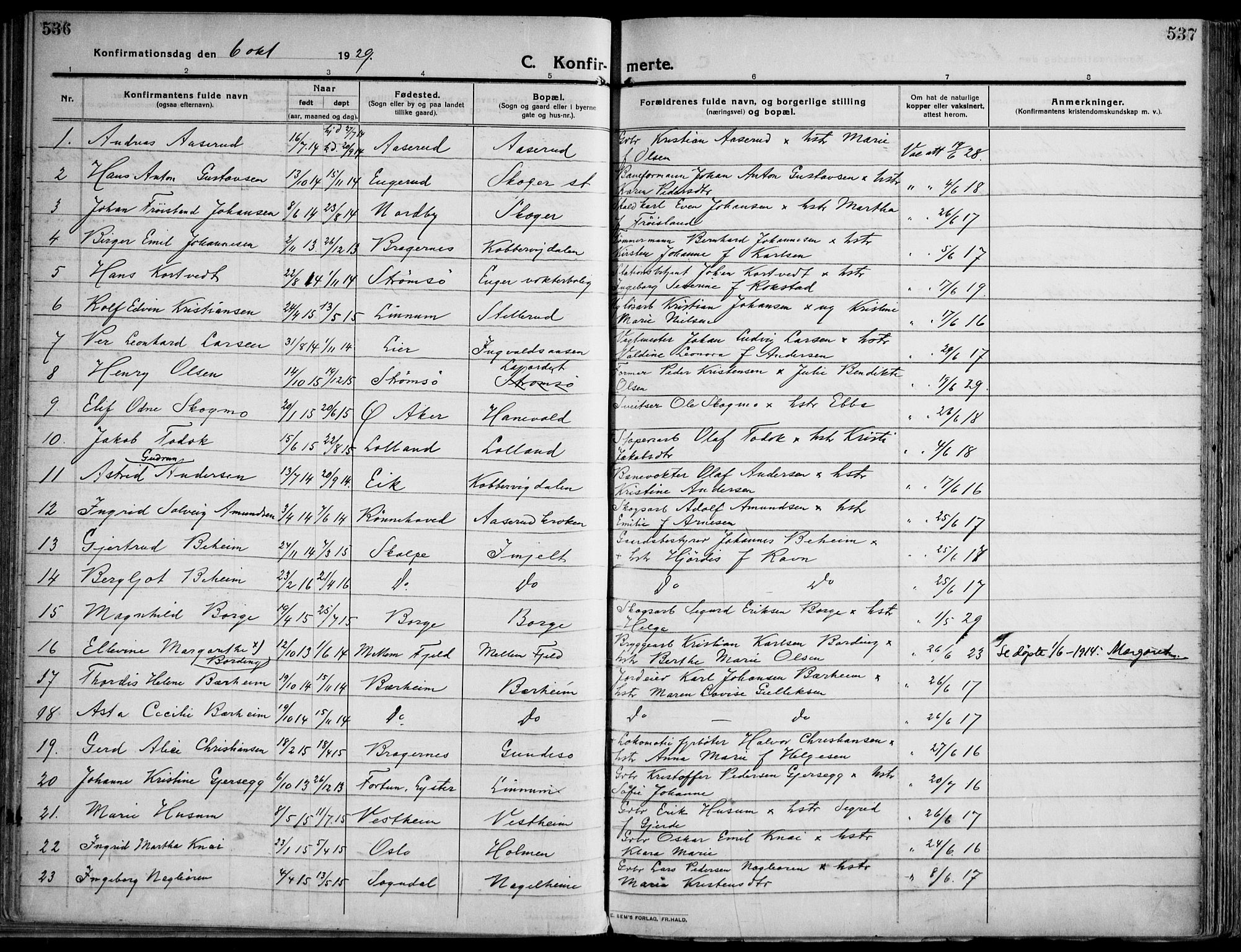 Skoger kirkebøker, AV/SAKO-A-59/F/Fa/L0007: Parish register (official) no. I 7, 1911-1936, p. 536-537