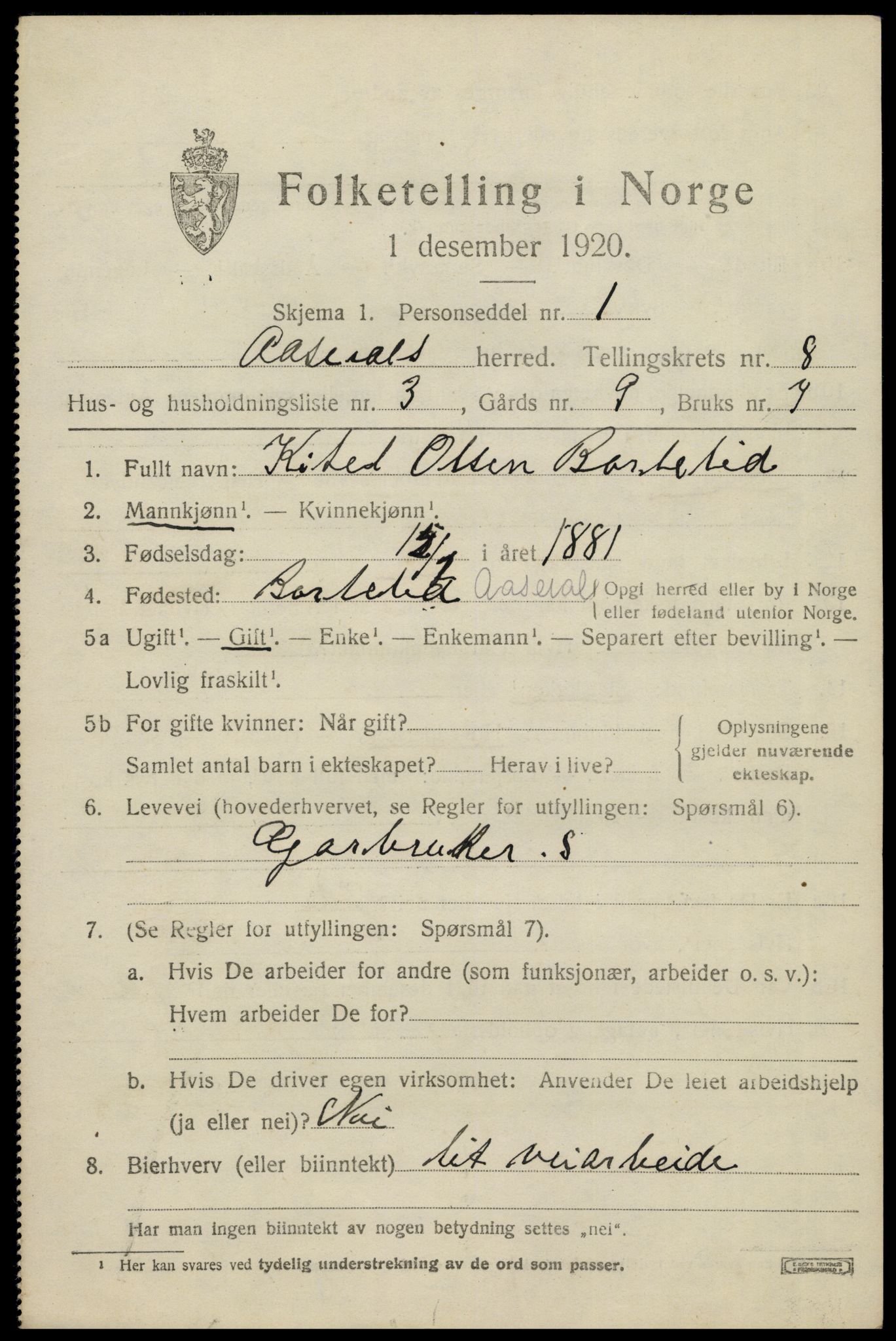 SAK, 1920 census for Åseral, 1920, p. 2462