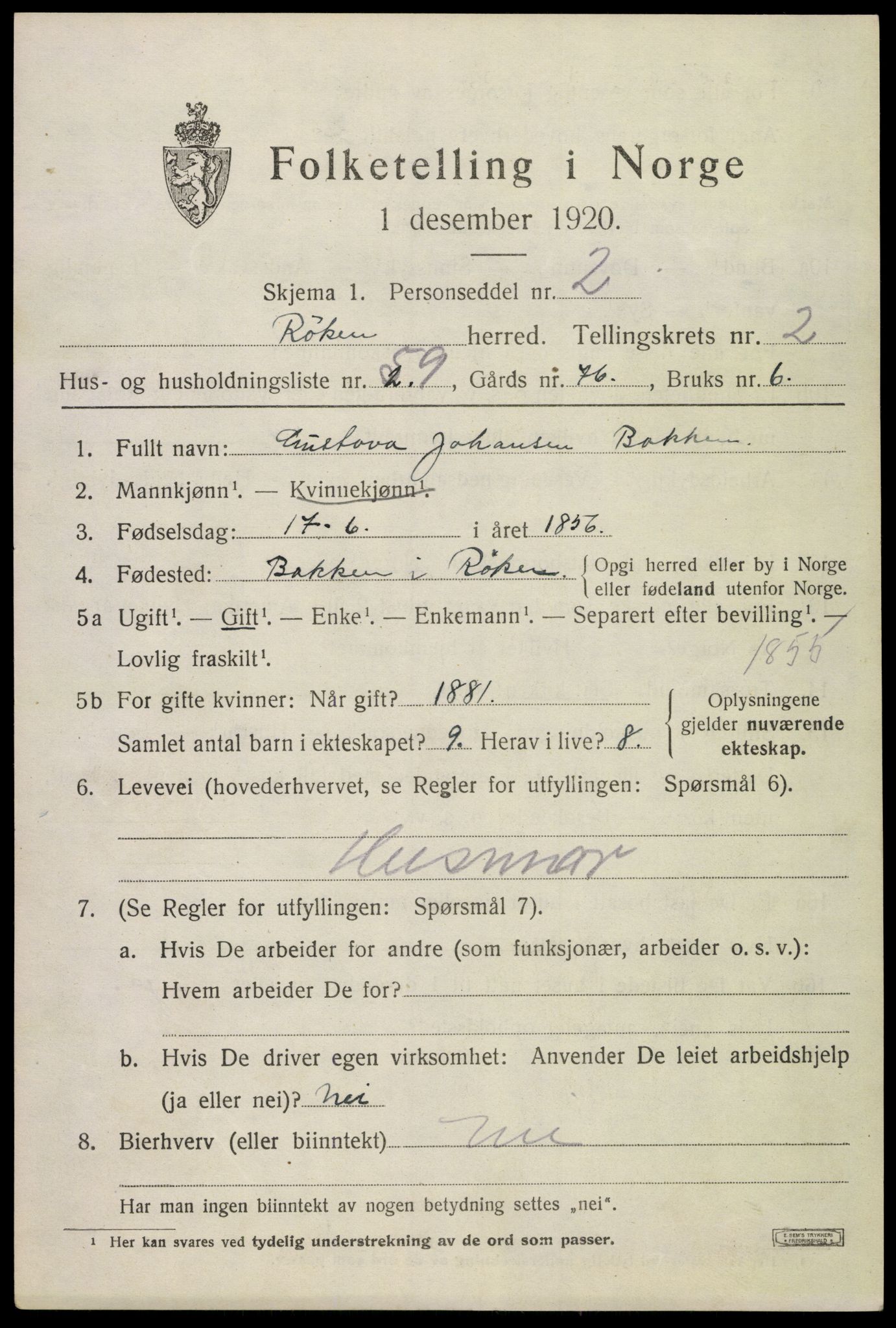 SAKO, 1920 census for Røyken, 1920, p. 3638