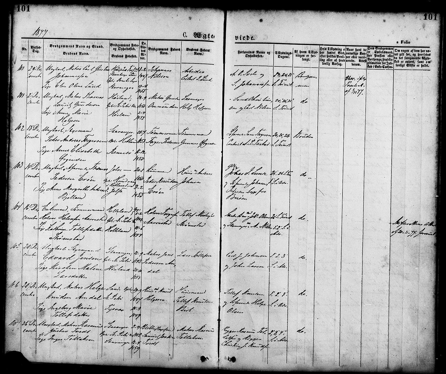 St. Petri sokneprestkontor, AV/SAST-A-101813/001/30/30BA/L0010: Parish register (official) no. A 10, 1869-1878, p. 101