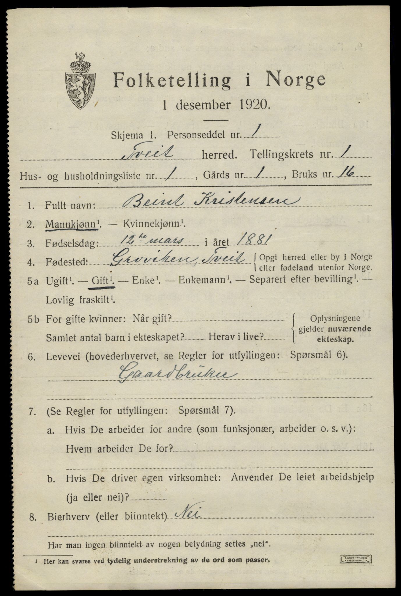 SAK, 1920 census for Tveit, 1920, p. 748