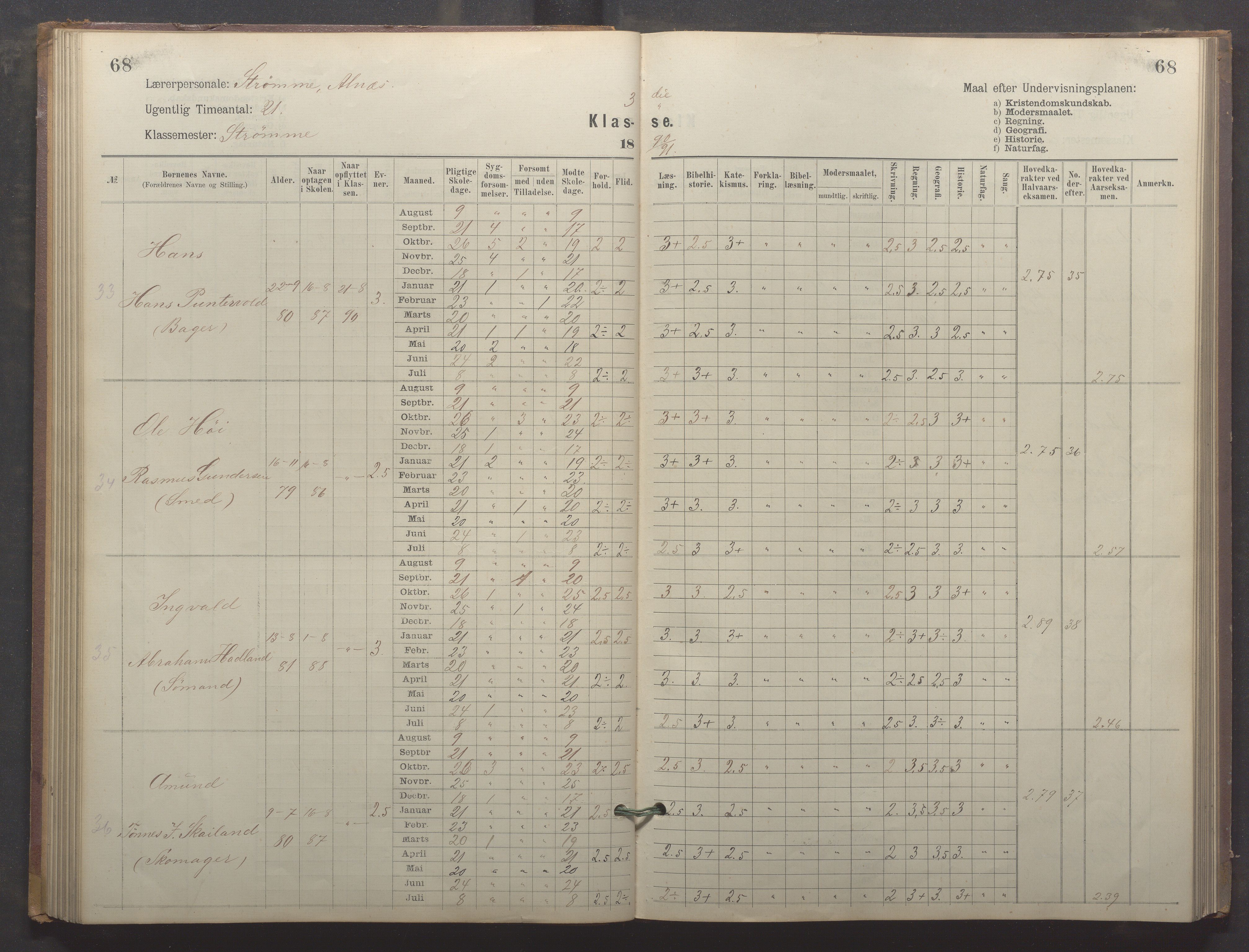 Egersund kommune (Ladested) - Egersund almueskole/folkeskole, IKAR/K-100521/H/L0024: Skoleprotokoll - Almueskolen, 3. klasse, 1887-1892, p. 68