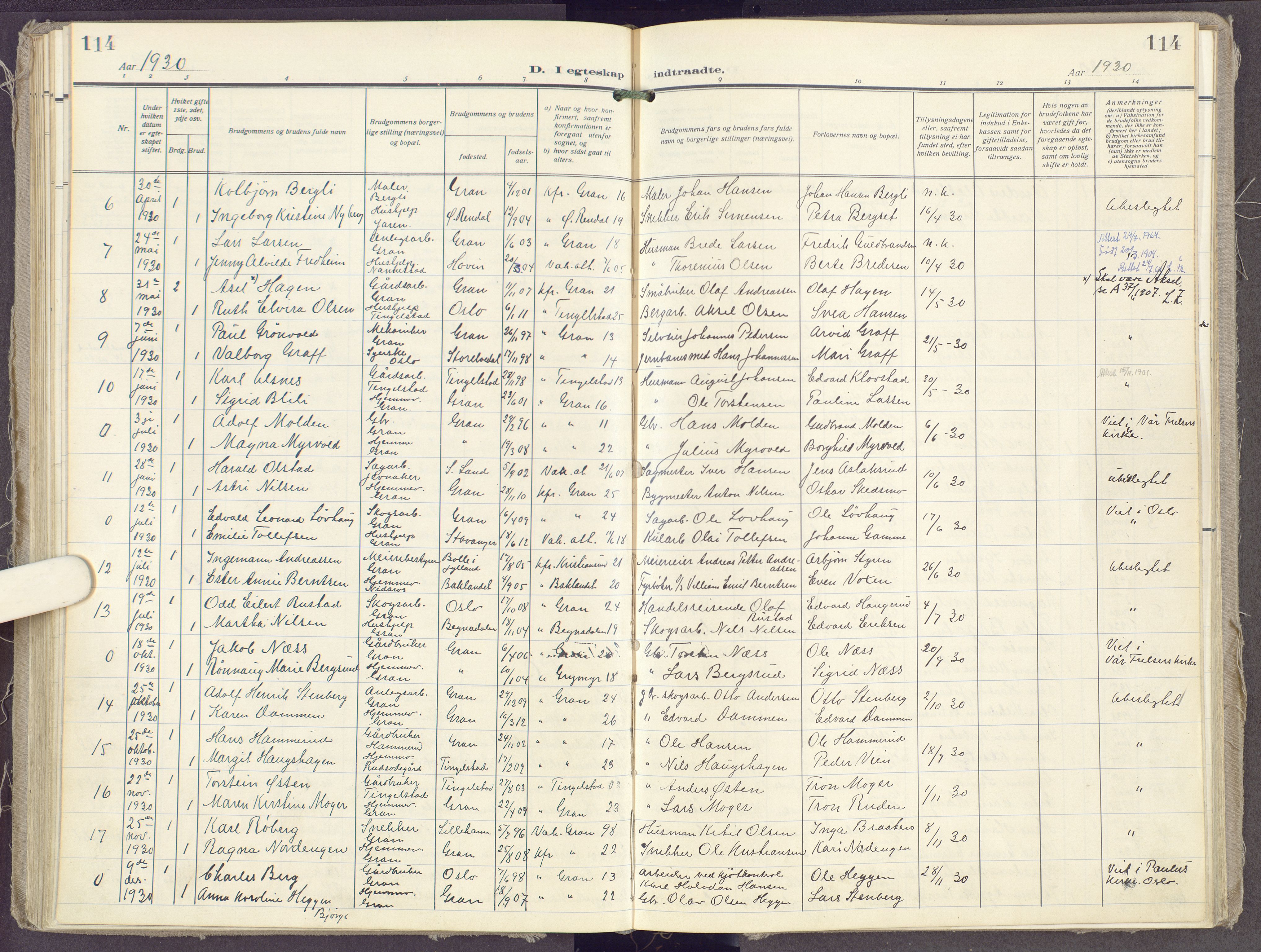 Gran prestekontor, SAH/PREST-112/H/Ha/Haa/L0023: Parish register (official) no. 23, 1919-1938, p. 114