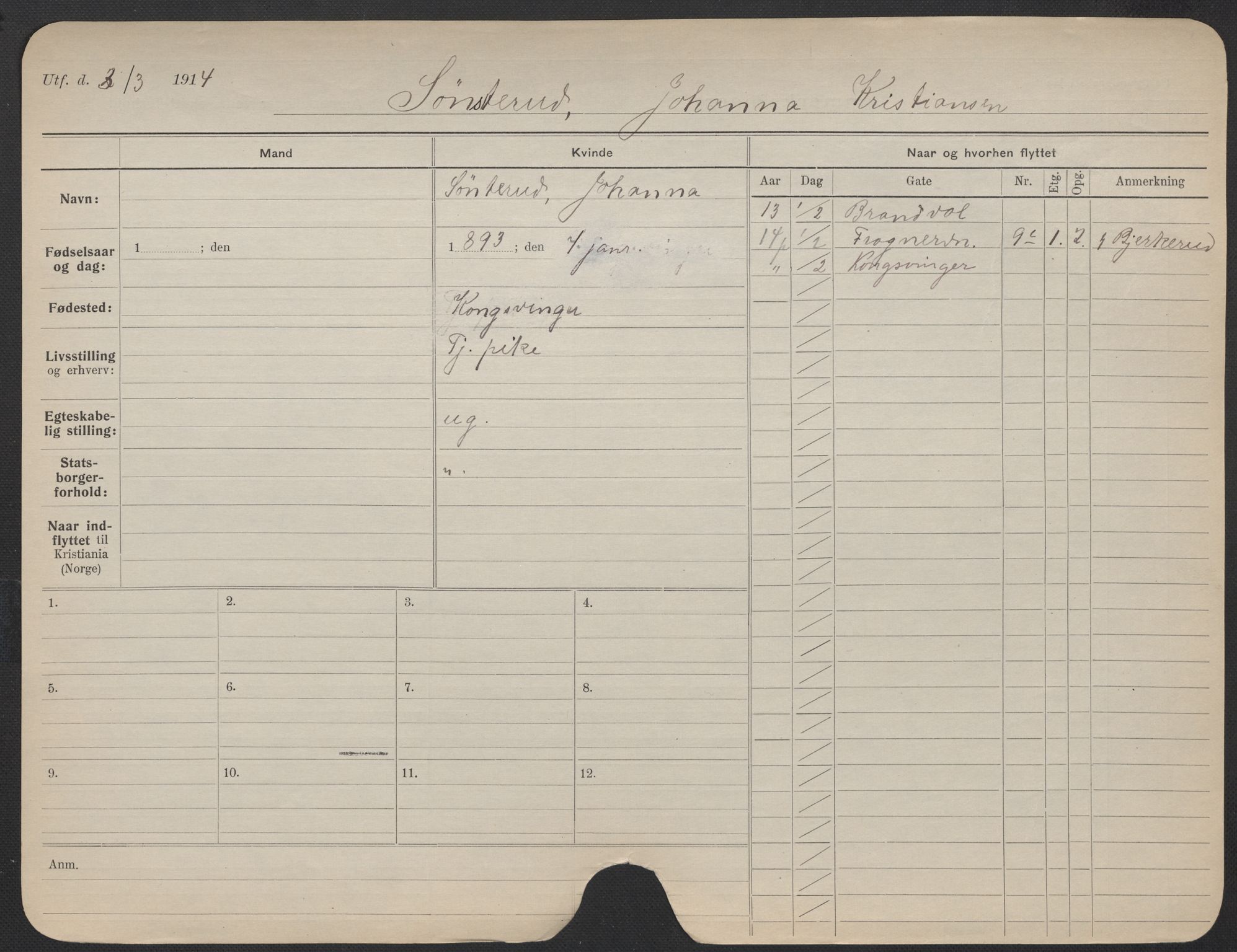 Oslo folkeregister, Registerkort, AV/SAO-A-11715/F/Fa/Fac/L0024: Kvinner, 1906-1914, p. 849a