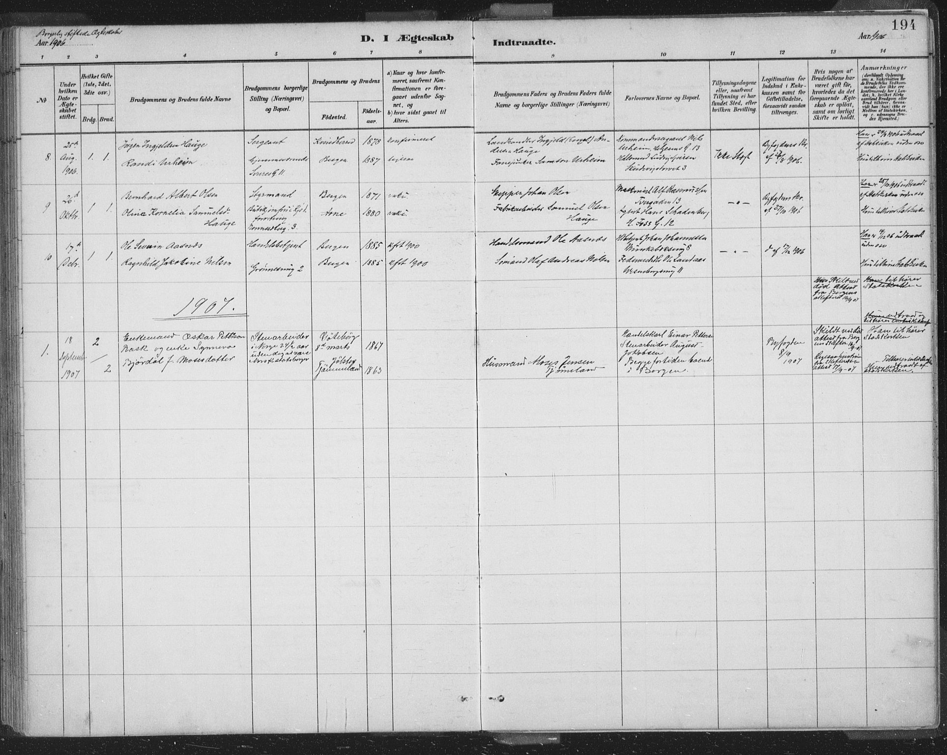 Domkirken sokneprestembete, SAB/A-74801/H/Hab/L0032: Parish register (copy) no. D 4, 1880-1907, p. 194