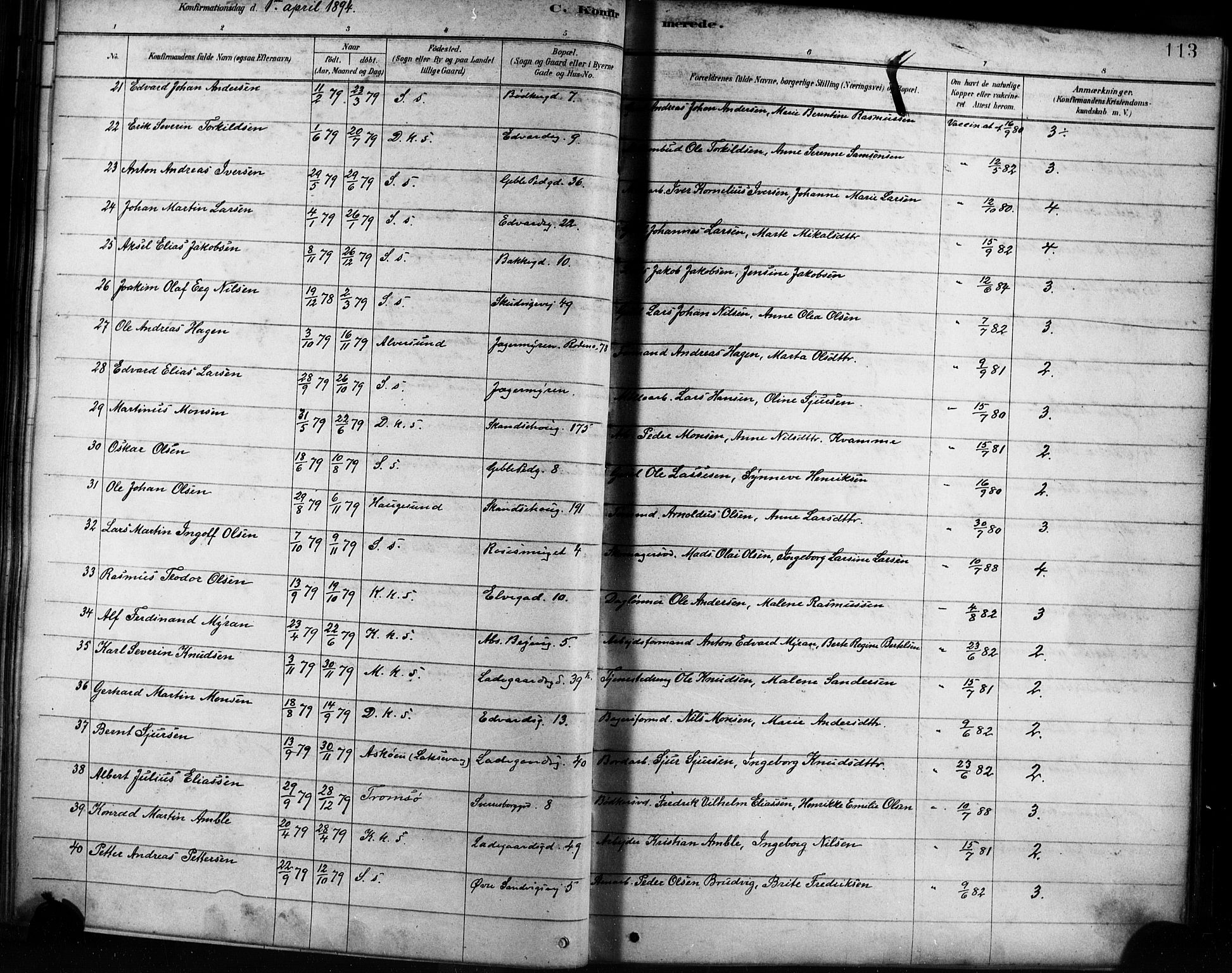 Sandviken Sokneprestembete, AV/SAB-A-77601/H/Ha/L0002: Parish register (official) no. A 2, 1878-1896, p. 113