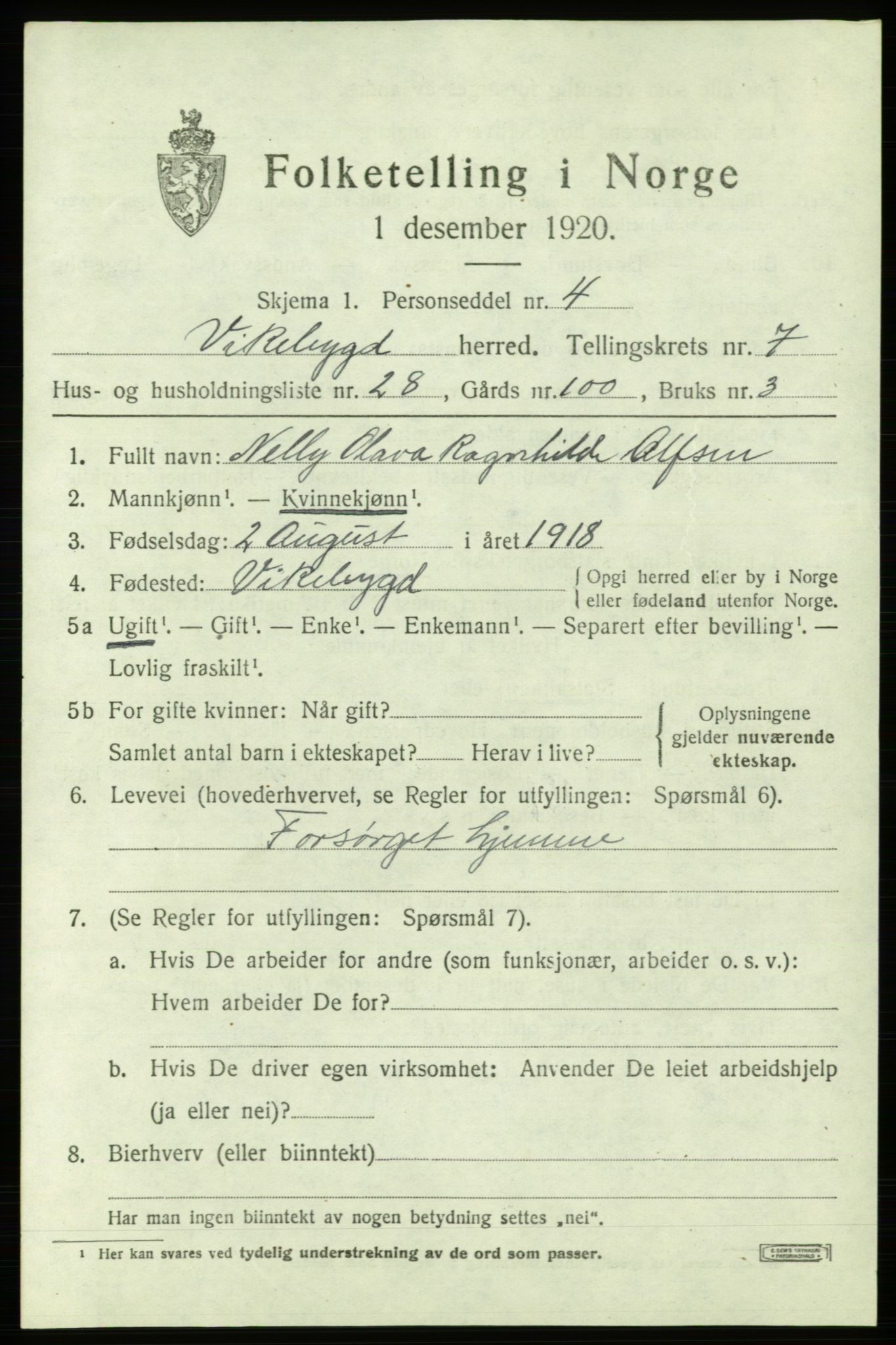 SAB, 1920 census for Vikebygd, 1920, p. 2655