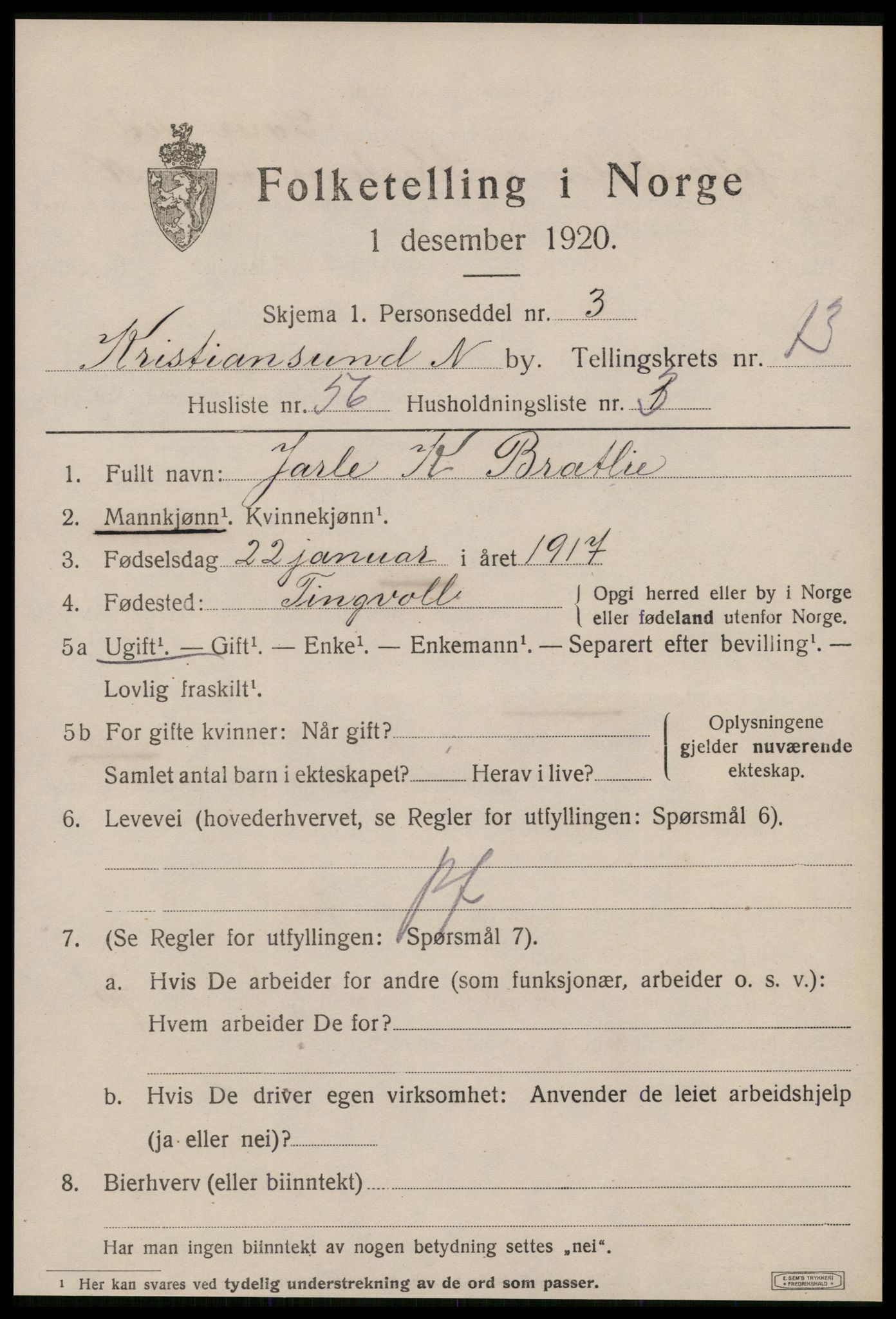 SAT, 1920 census for Kristiansund, 1920, p. 28133