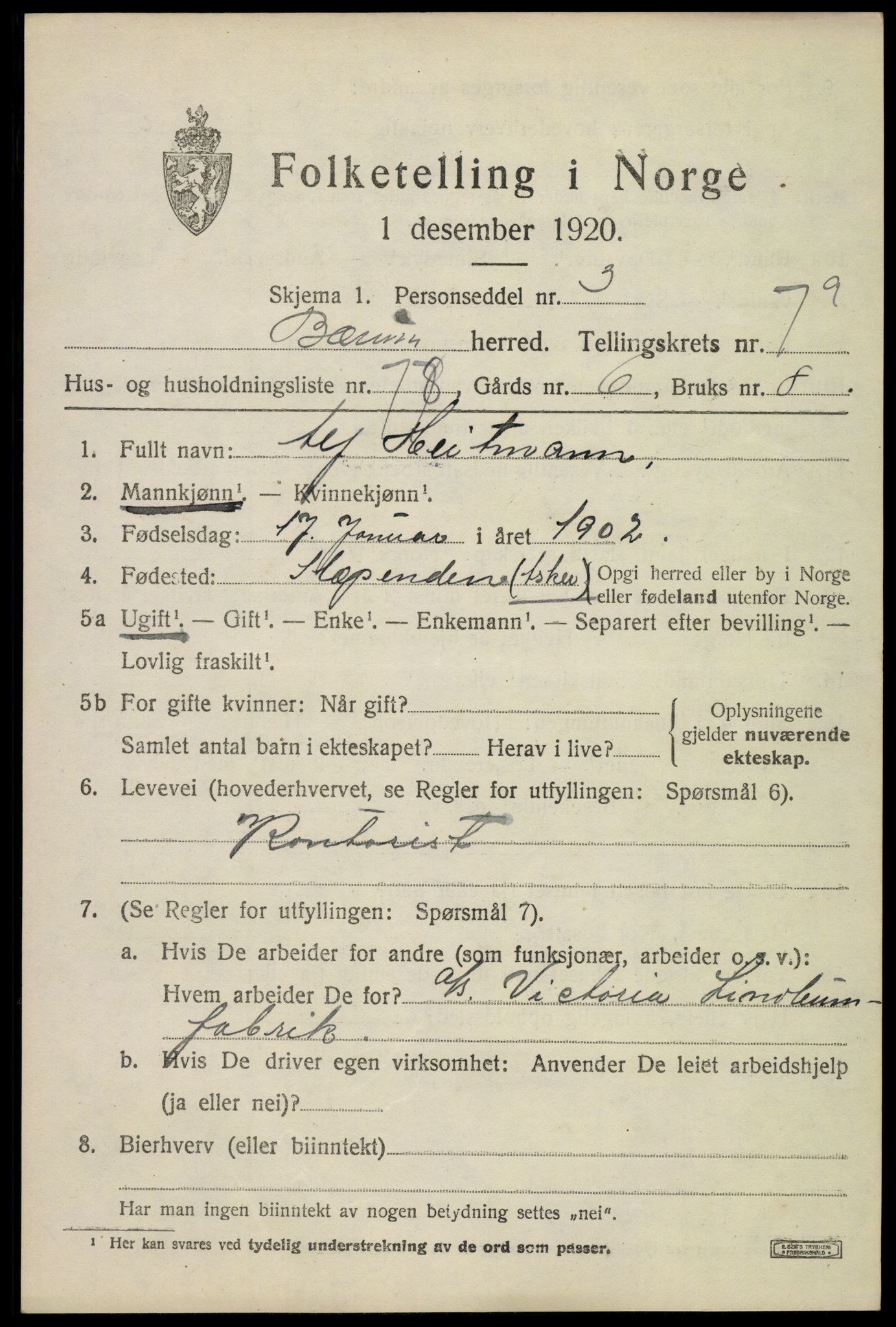 SAO, 1920 census for Bærum, 1920, p. 17314