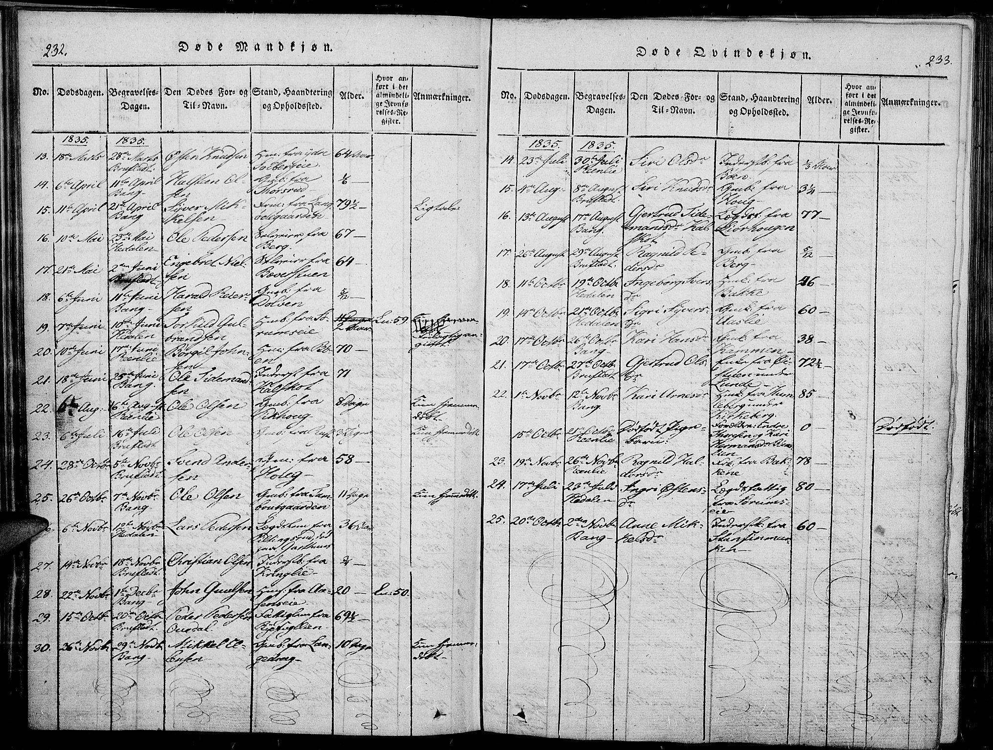 Sør-Aurdal prestekontor, SAH/PREST-128/H/Ha/Haa/L0003: Parish register (official) no. 3, 1825-1840, p. 232-233