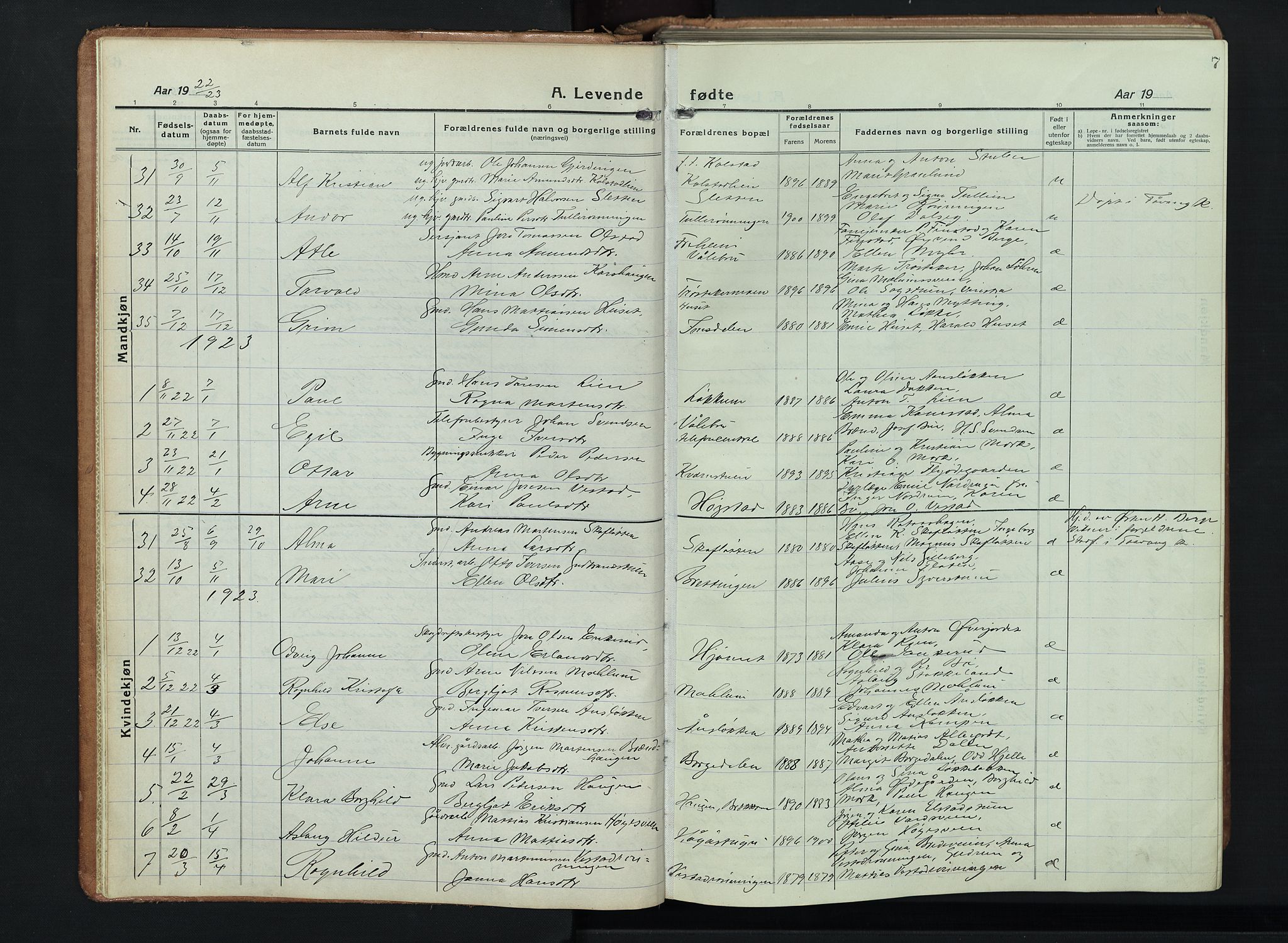Ringebu prestekontor, SAH/PREST-082/H/Ha/Hab/L0011: Parish register (copy) no. 11, 1921-1943, p. 7