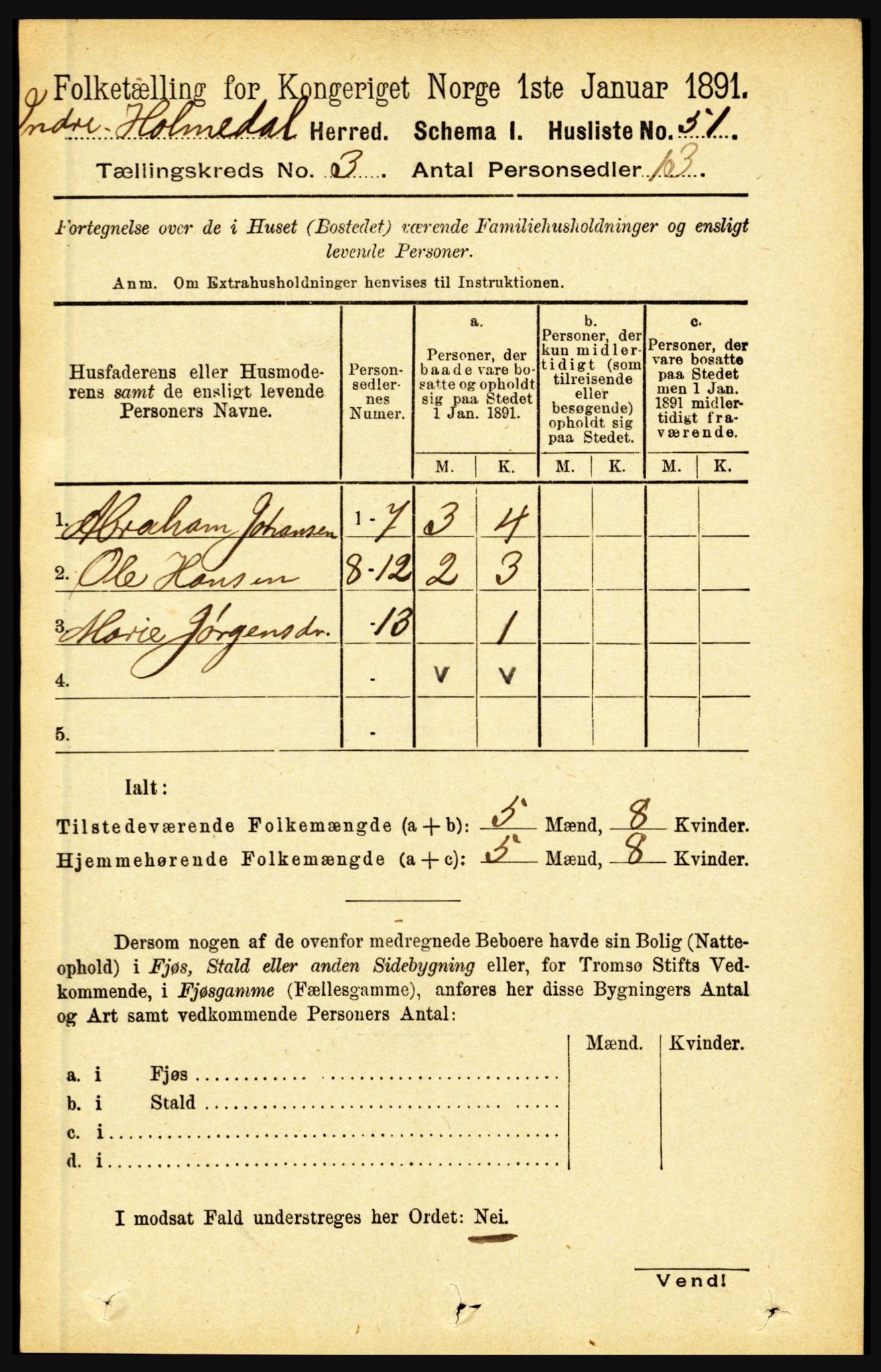 RA, 1891 census for 1430 Indre Holmedal, 1891, p. 888