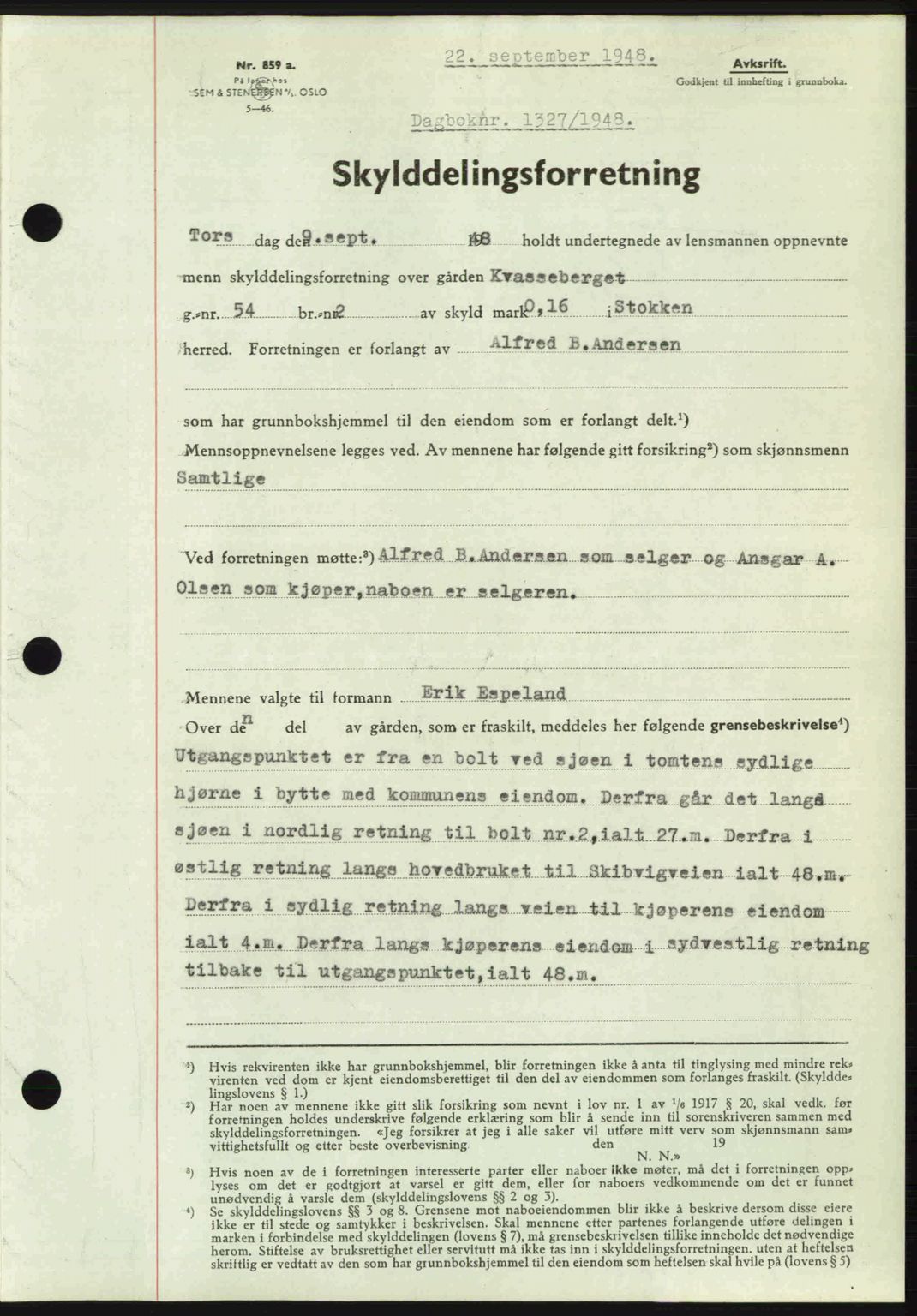 Nedenes sorenskriveri, AV/SAK-1221-0006/G/Gb/Gba/L0059: Mortgage book no. A11, 1948-1948, Diary no: : 1327/1948