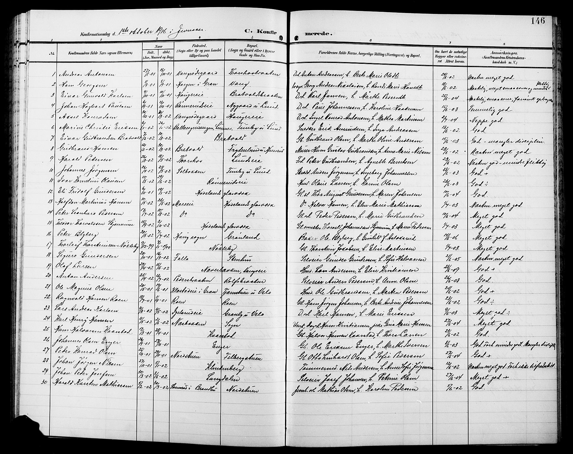Jevnaker prestekontor, SAH/PREST-116/H/Ha/Hab/L0004: Parish register (copy) no. 4, 1907-1918, p. 146