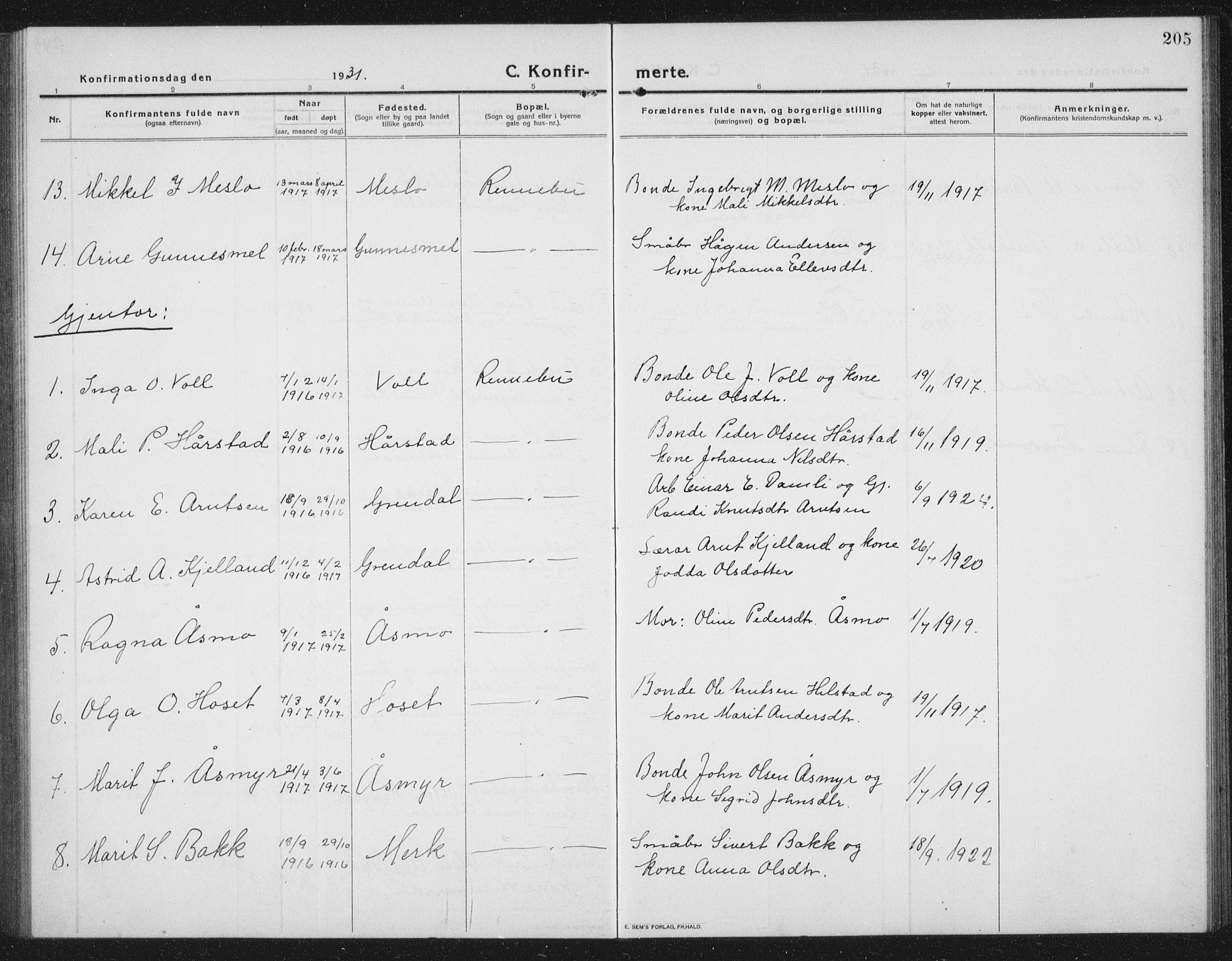 Ministerialprotokoller, klokkerbøker og fødselsregistre - Sør-Trøndelag, AV/SAT-A-1456/674/L0877: Parish register (copy) no. 674C04, 1913-1940, p. 205