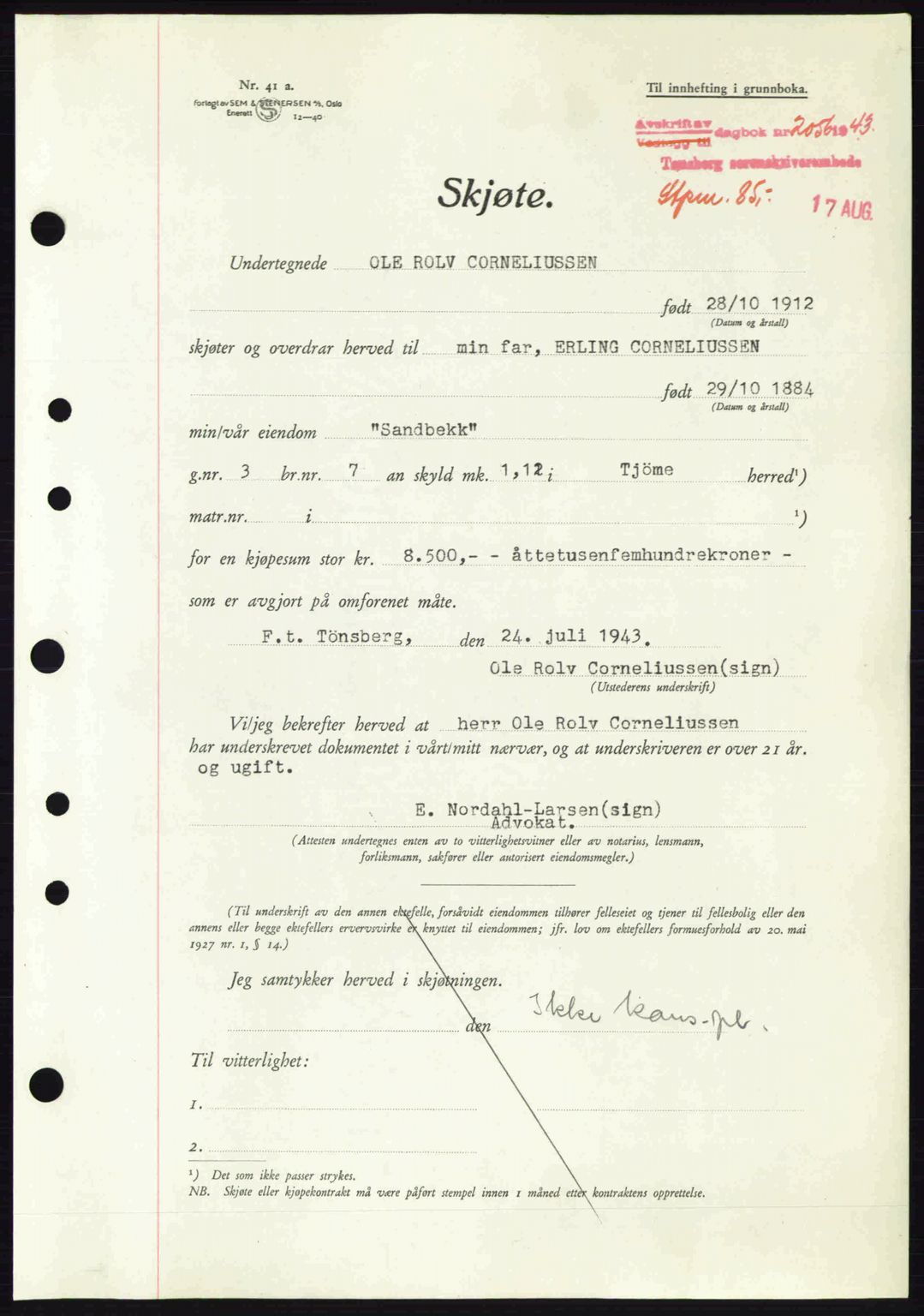 Tønsberg sorenskriveri, AV/SAKO-A-130/G/Ga/Gaa/L0013: Mortgage book no. A13, 1943-1943, Diary no: : 2056/1943