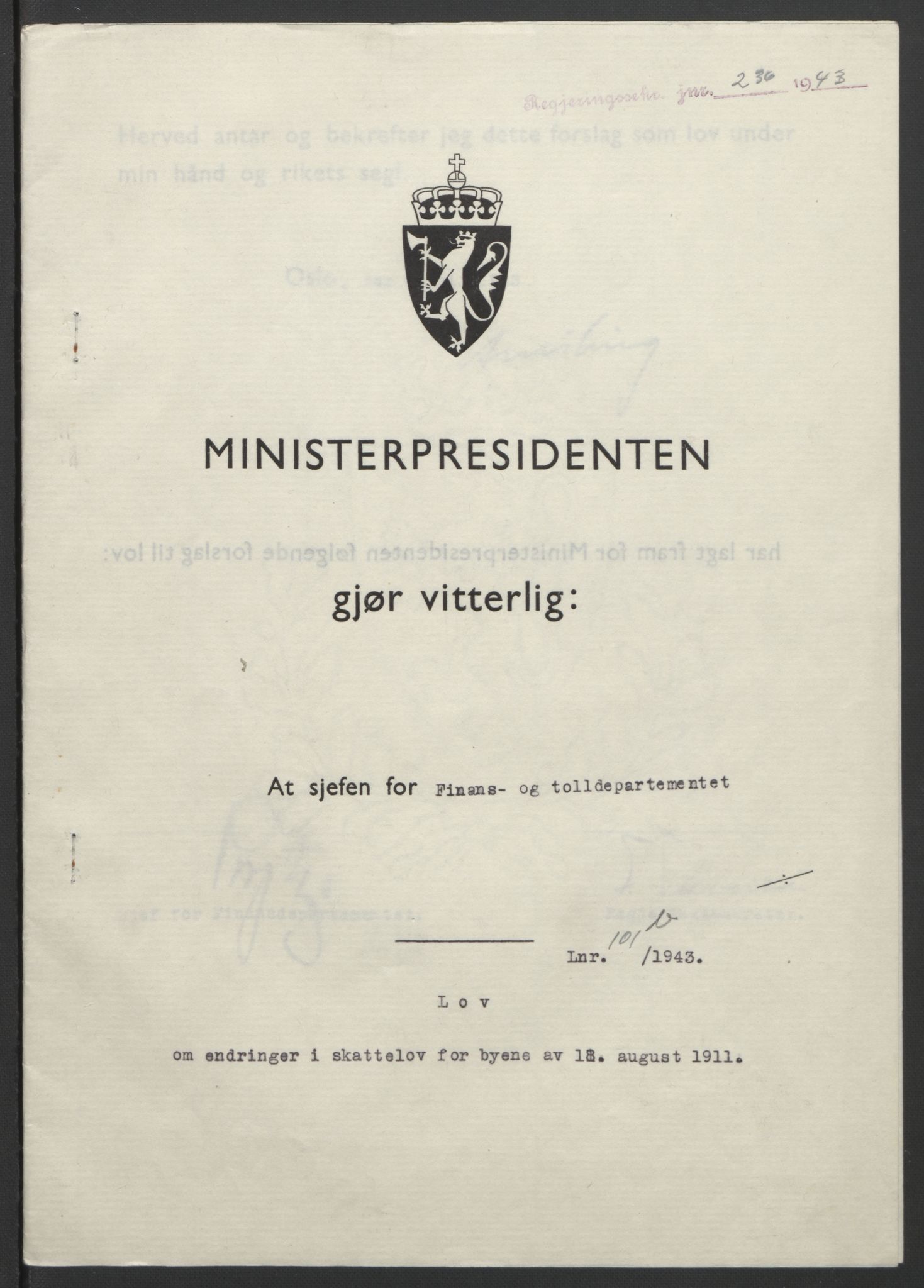 NS-administrasjonen 1940-1945 (Statsrådsekretariatet, de kommisariske statsråder mm), RA/S-4279/D/Db/L0099: Lover, 1943, p. 465