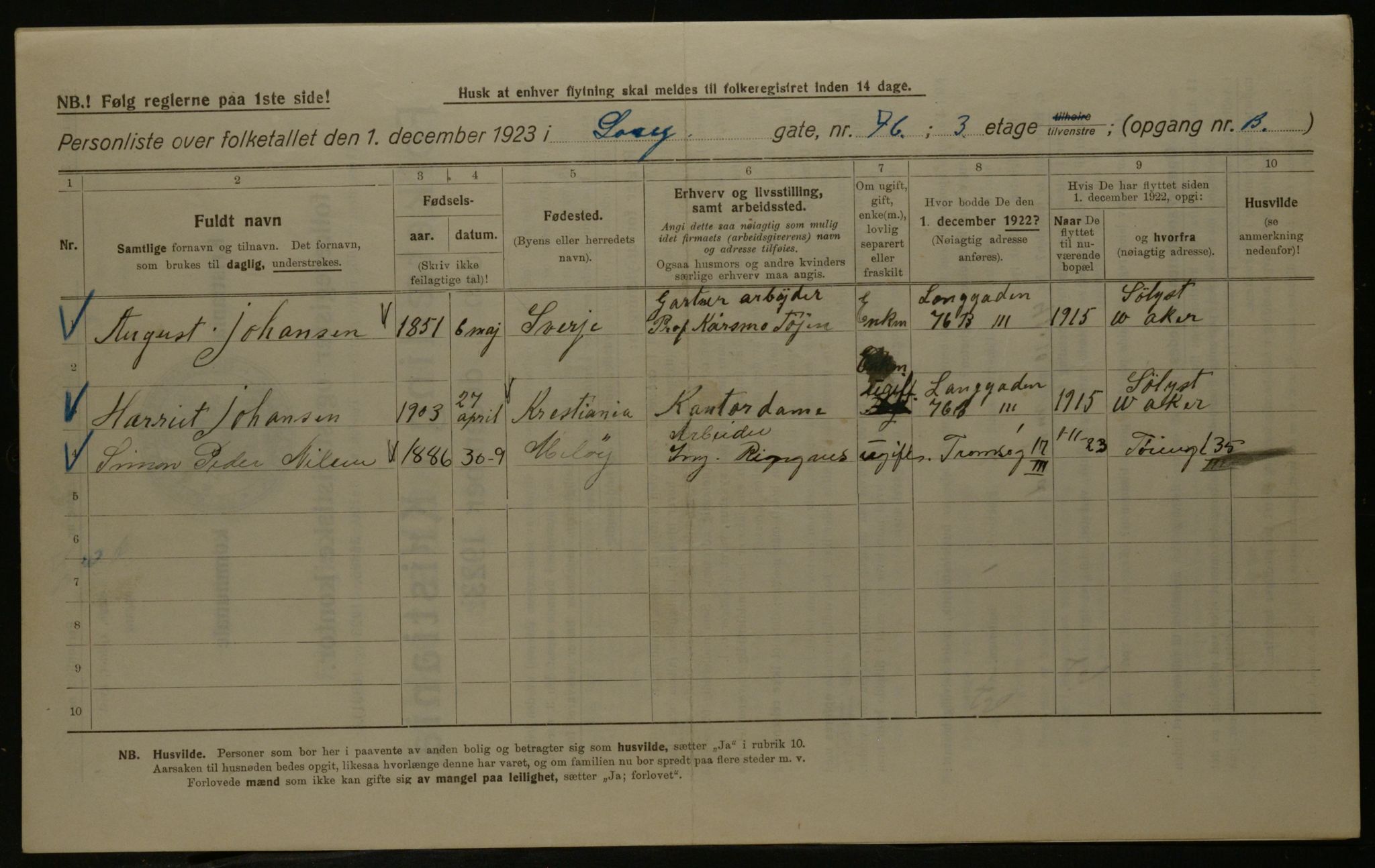 OBA, Municipal Census 1923 for Kristiania, 1923, p. 63164