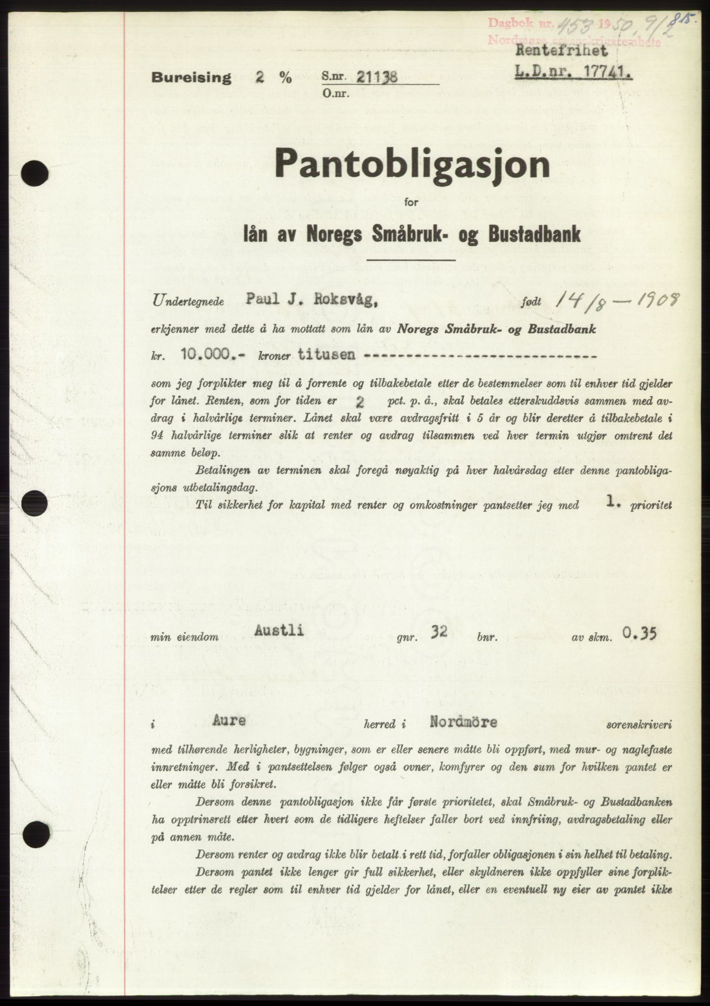 Nordmøre sorenskriveri, AV/SAT-A-4132/1/2/2Ca: Mortgage book no. B103, 1949-1950, Diary no: : 453/1950