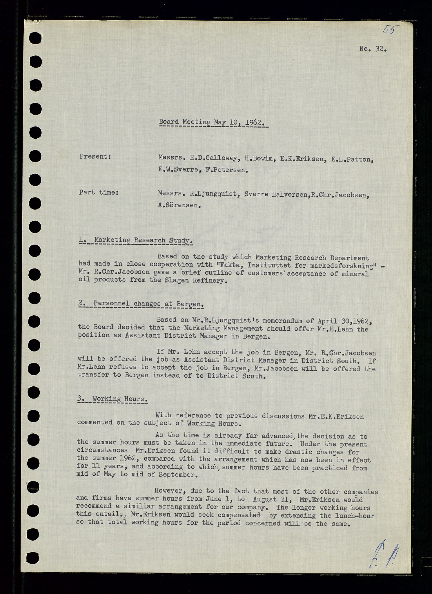 Pa 0982 - Esso Norge A/S, AV/SAST-A-100448/A/Aa/L0001/0003: Den administrerende direksjon Board minutes (styrereferater) / Den administrerende direksjon Board minutes (styrereferater), 1962, p. 55