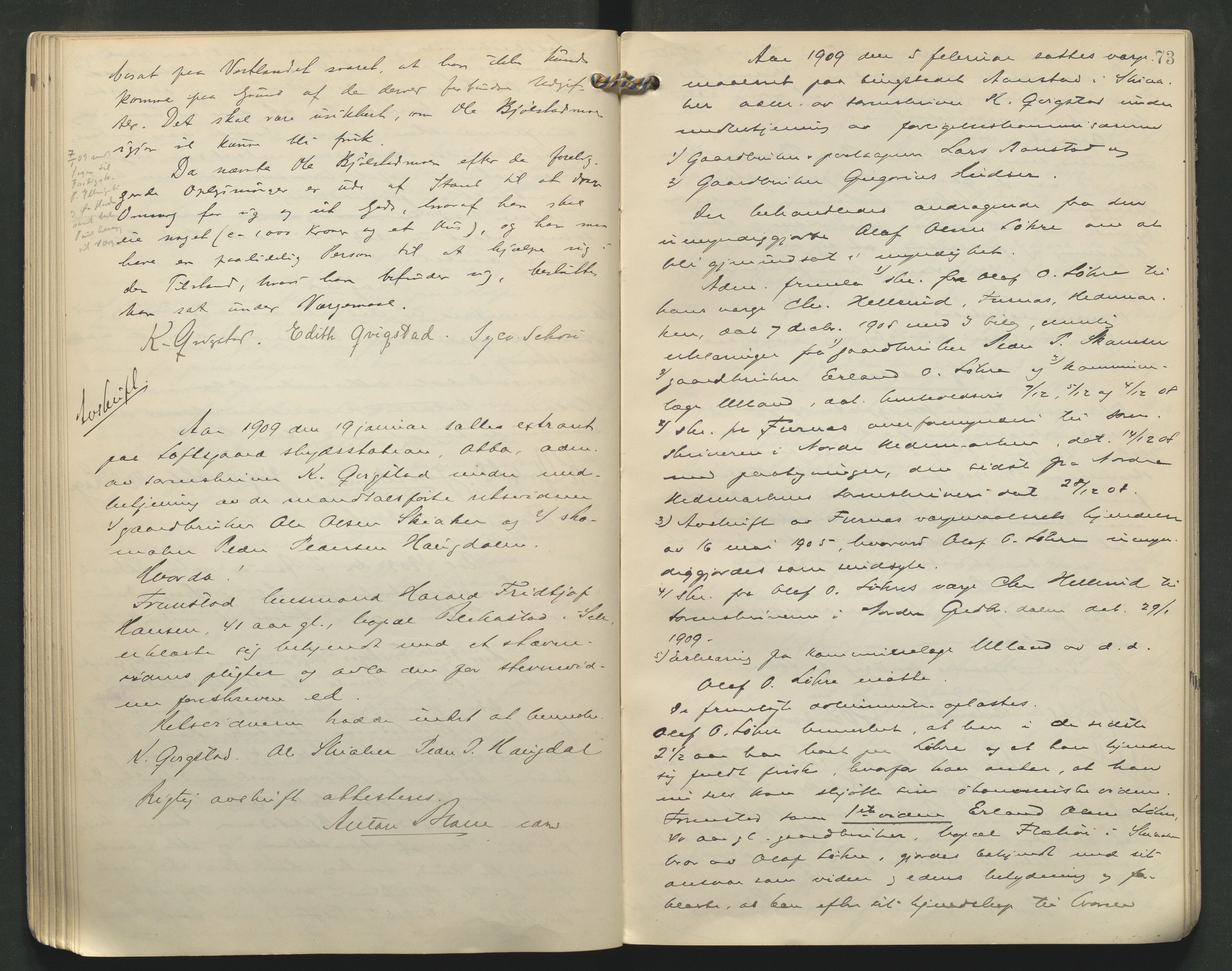 Nord-Gudbrandsdal tingrett, AV/SAH-TING-002/G/Gc/Gcb/L0007: Ekstrarettsprotokoll for åstedssaker, 1906-1910, p. 73