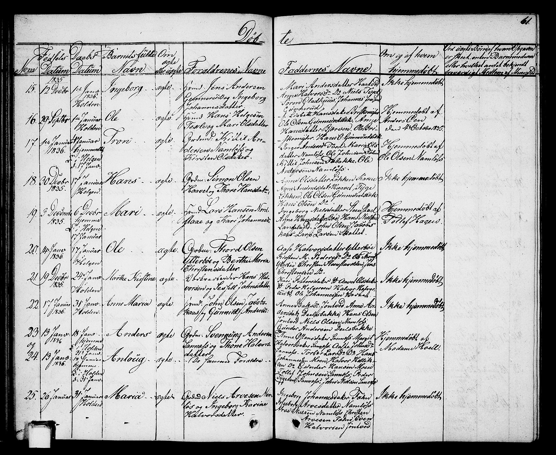 Holla kirkebøker, AV/SAKO-A-272/G/Ga/L0002: Parish register (copy) no. I 2, 1830-1848, p. 61