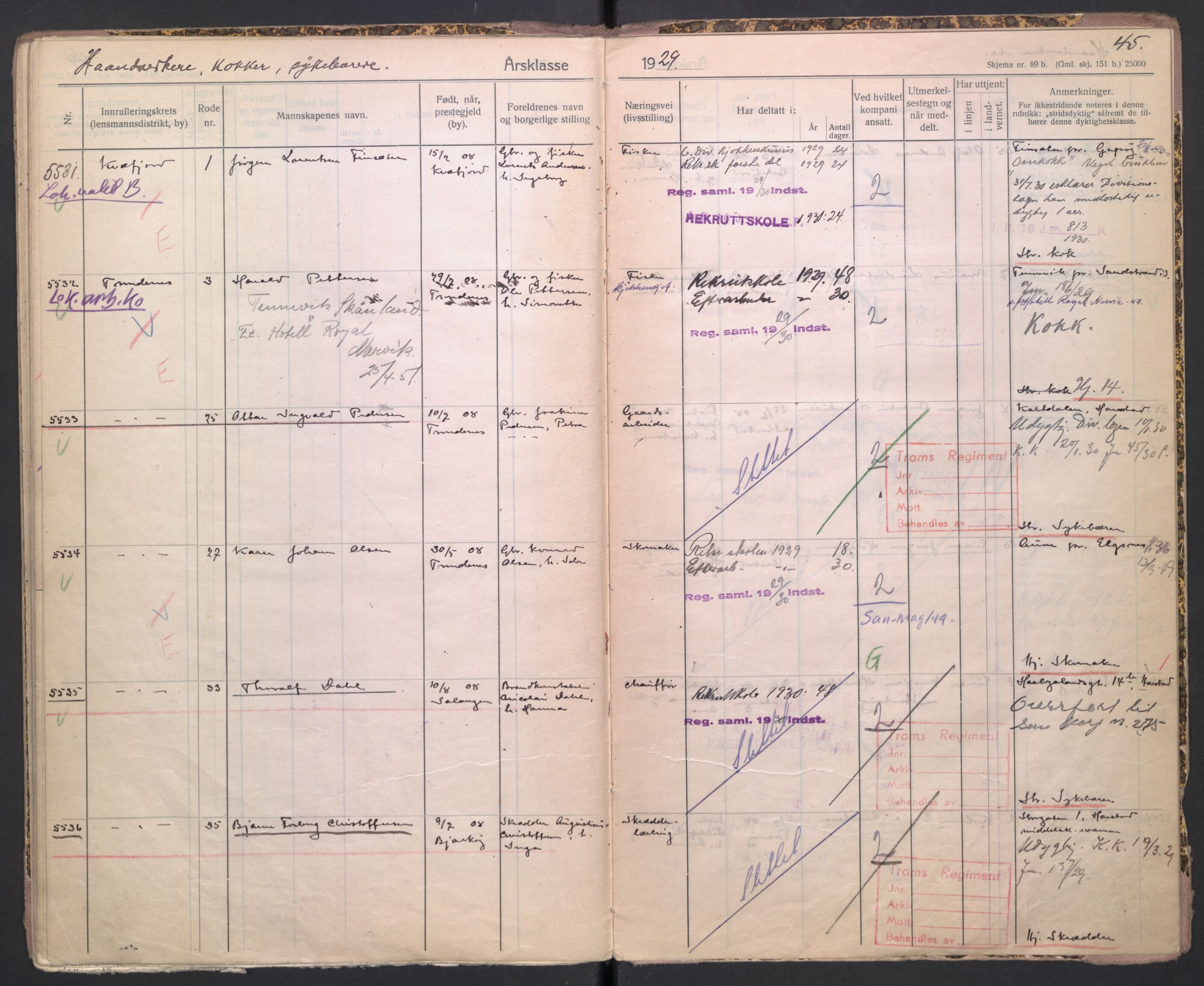 Forsvaret, Troms infanteriregiment nr. 16, AV/RA-RAFA-3146/P/Pa/L0004/0009: Ruller / Rulle for Trondenes bataljons menige mannskaper, årsklasse 1929, 1929, p. 45