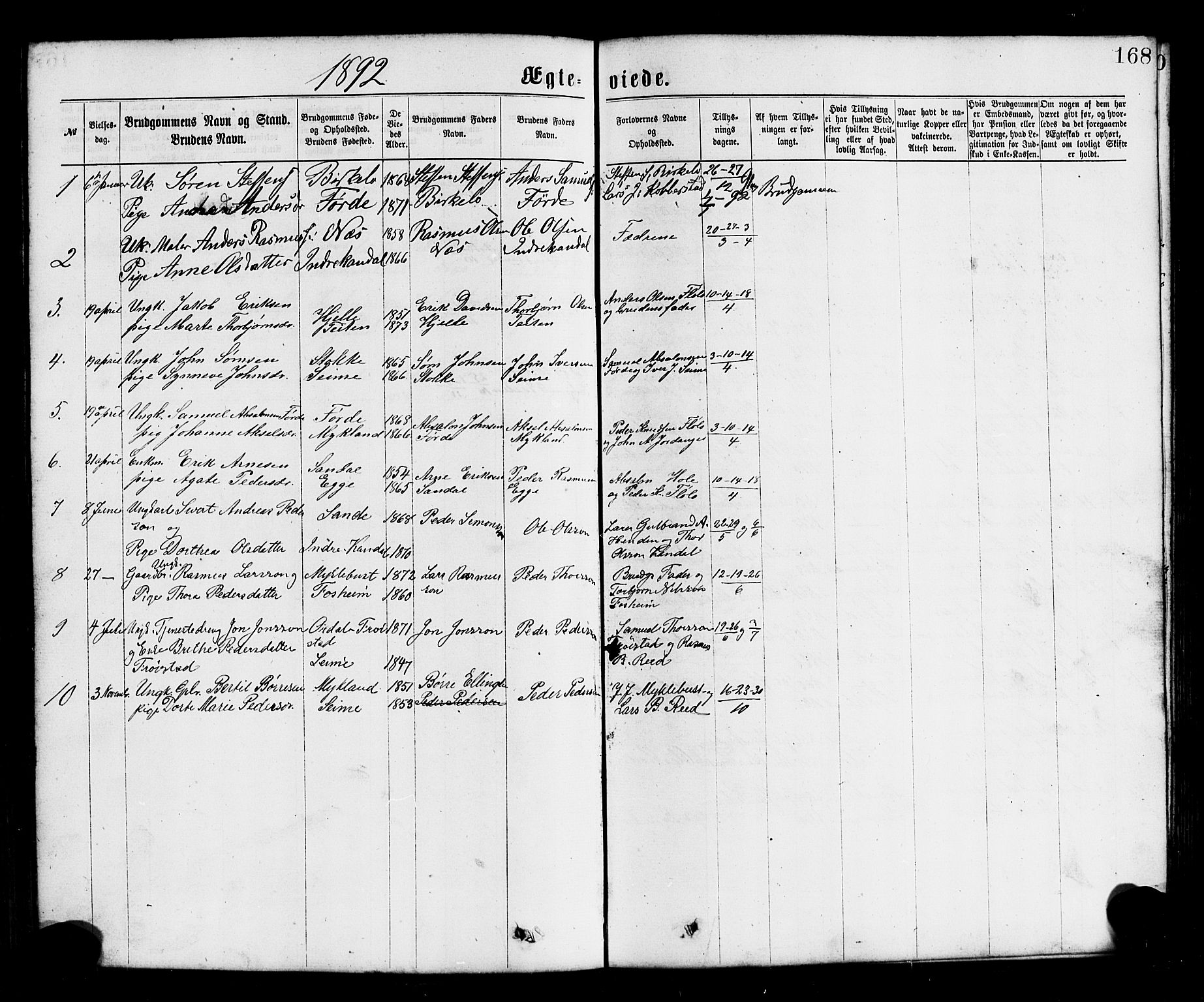Gloppen sokneprestembete, SAB/A-80101/H/Hab/Habc/L0001: Parish register (copy) no. C 1, 1872-1896, p. 168