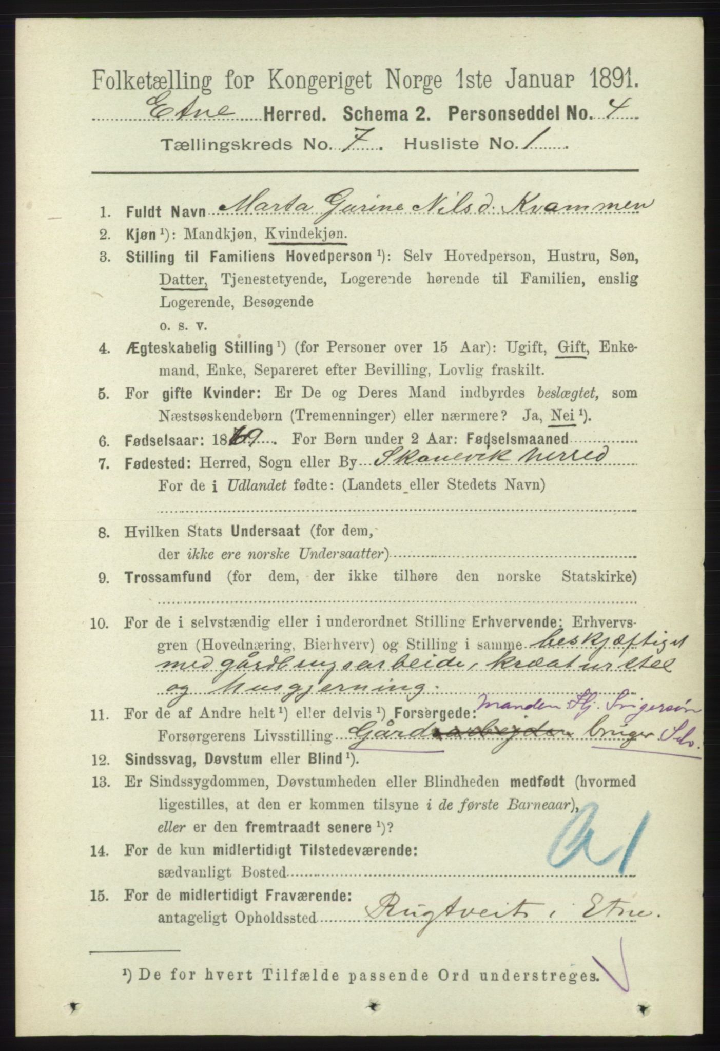 RA, 1891 census for 1211 Etne, 1891, p. 1395