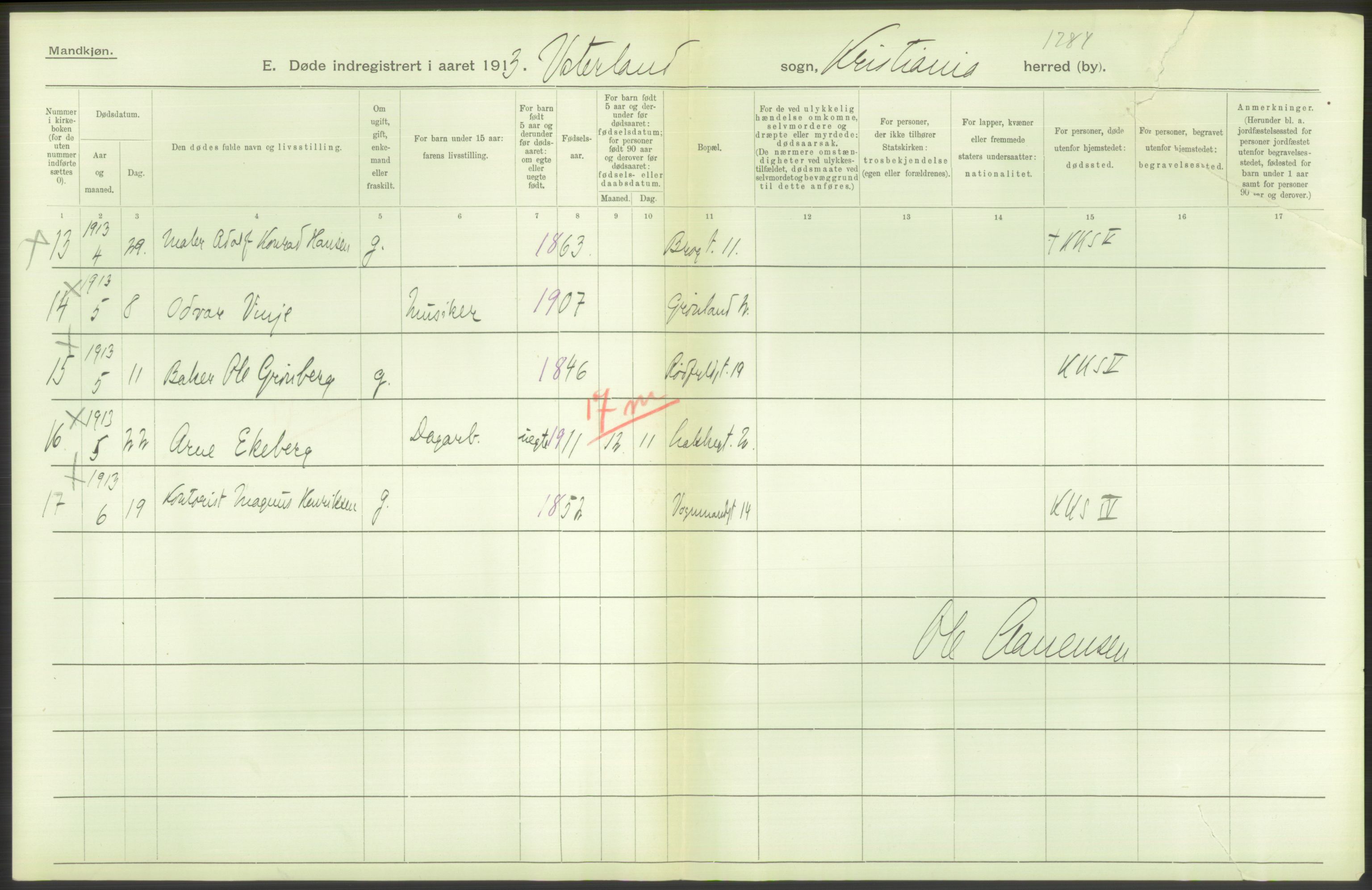 Statistisk sentralbyrå, Sosiodemografiske emner, Befolkning, RA/S-2228/D/Df/Dfb/Dfbc/L0010: Kristiania: Døde, dødfødte., 1913, p. 352