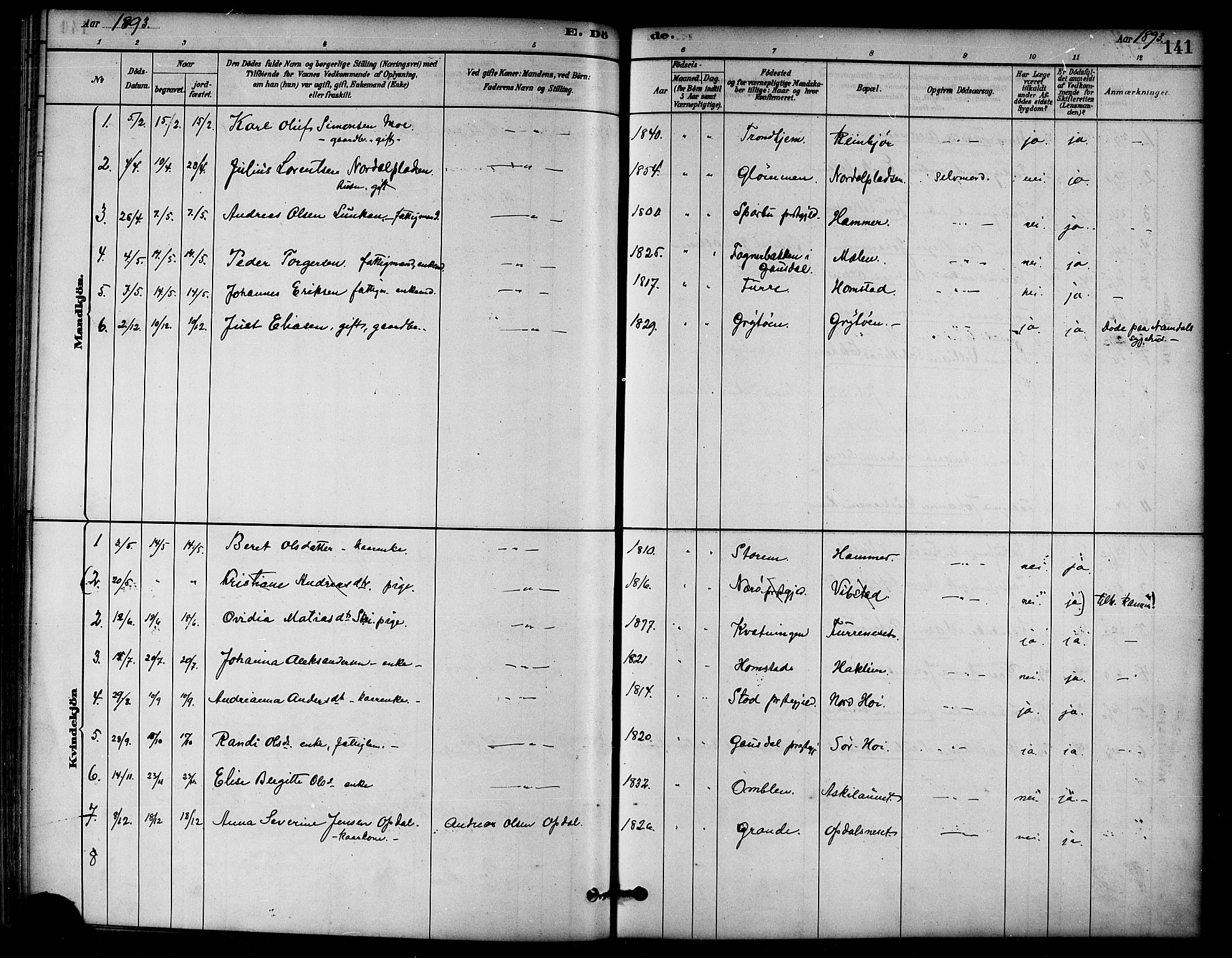 Ministerialprotokoller, klokkerbøker og fødselsregistre - Nord-Trøndelag, SAT/A-1458/766/L0563: Parish register (official) no. 767A01, 1881-1899, p. 141