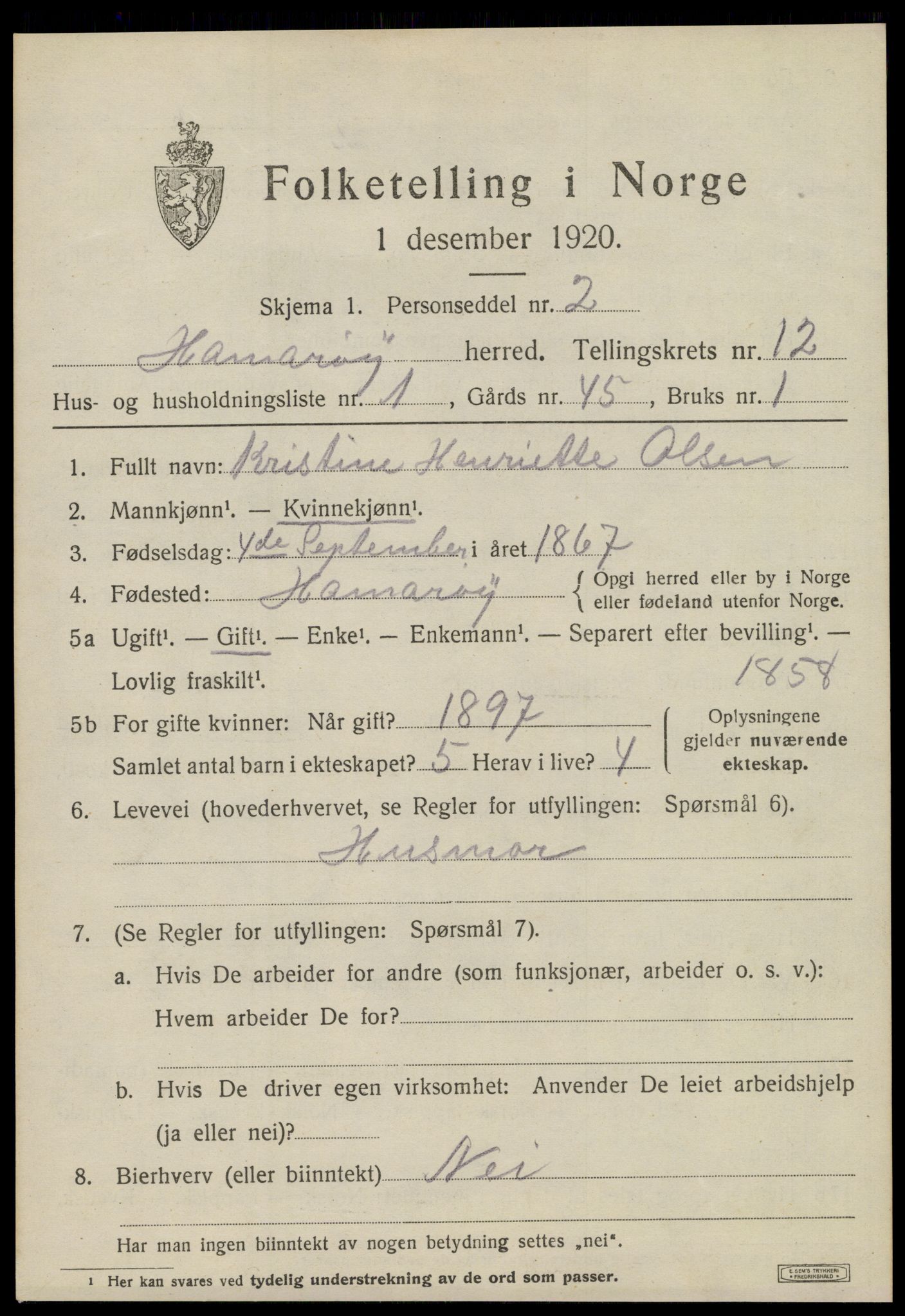 SAT, 1920 census for Hamarøy, 1920, p. 5676