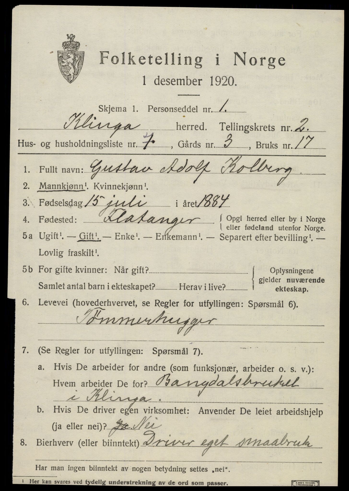 SAT, 1920 census for Klinga, 1920, p. 1463