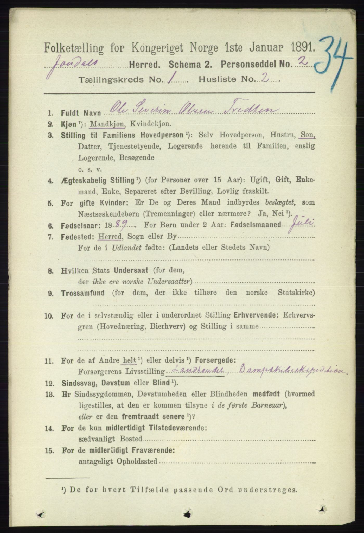 RA, 1891 census for 1227 Jondal, 1891, p. 145